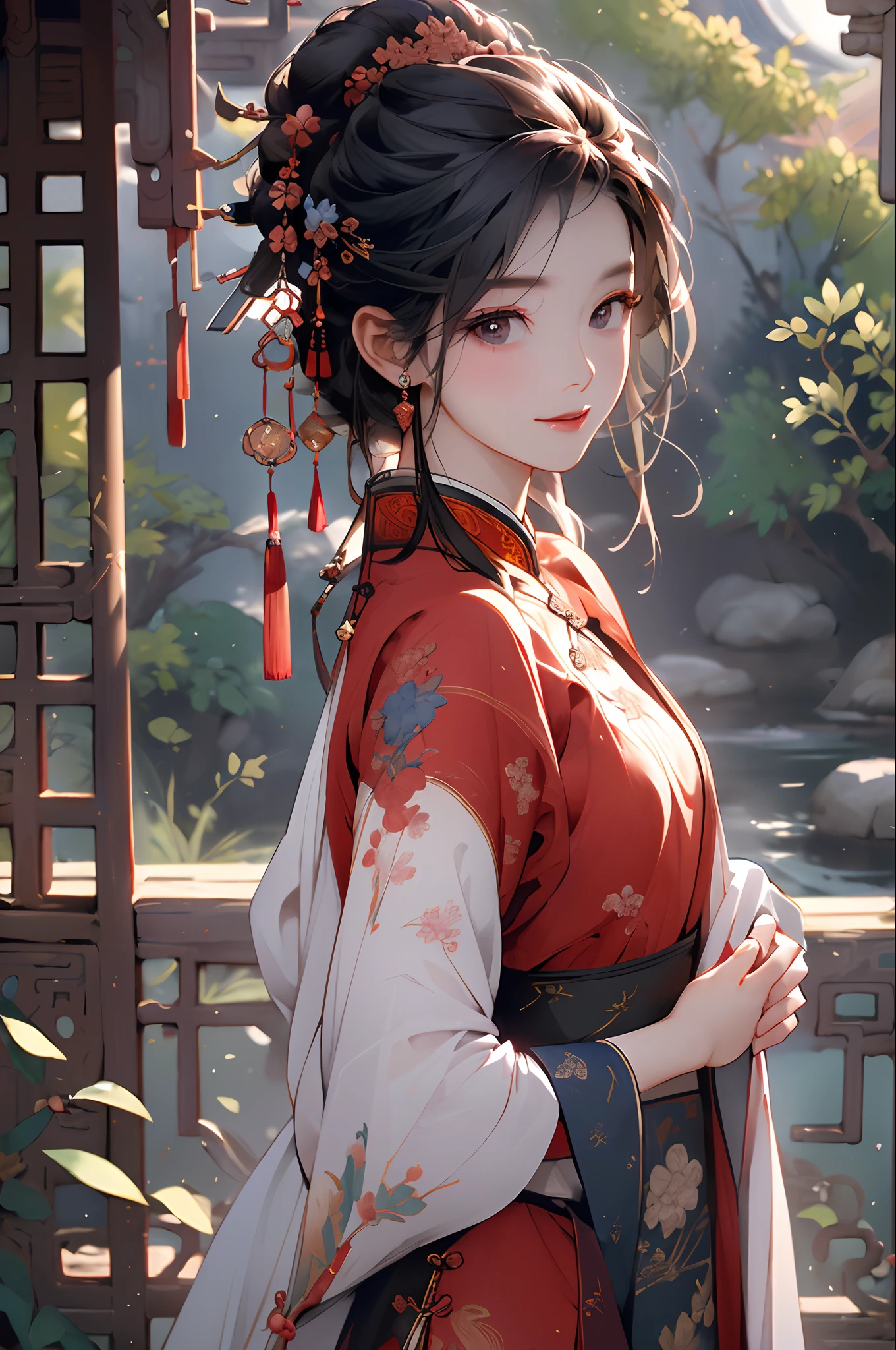 absurderes,(masterpiece、top-quality、8K ),intricate detailes,ultra-detailliert、Beautiful Chinese Woman、(Solo),A slight smil、Traditional Chinese Bluehambu、plow、(upper body,close range:1.3),red-lips、Slender eyes、Stand by a plum tree、By the pond、Hyper realistic,Perfect Anatomy