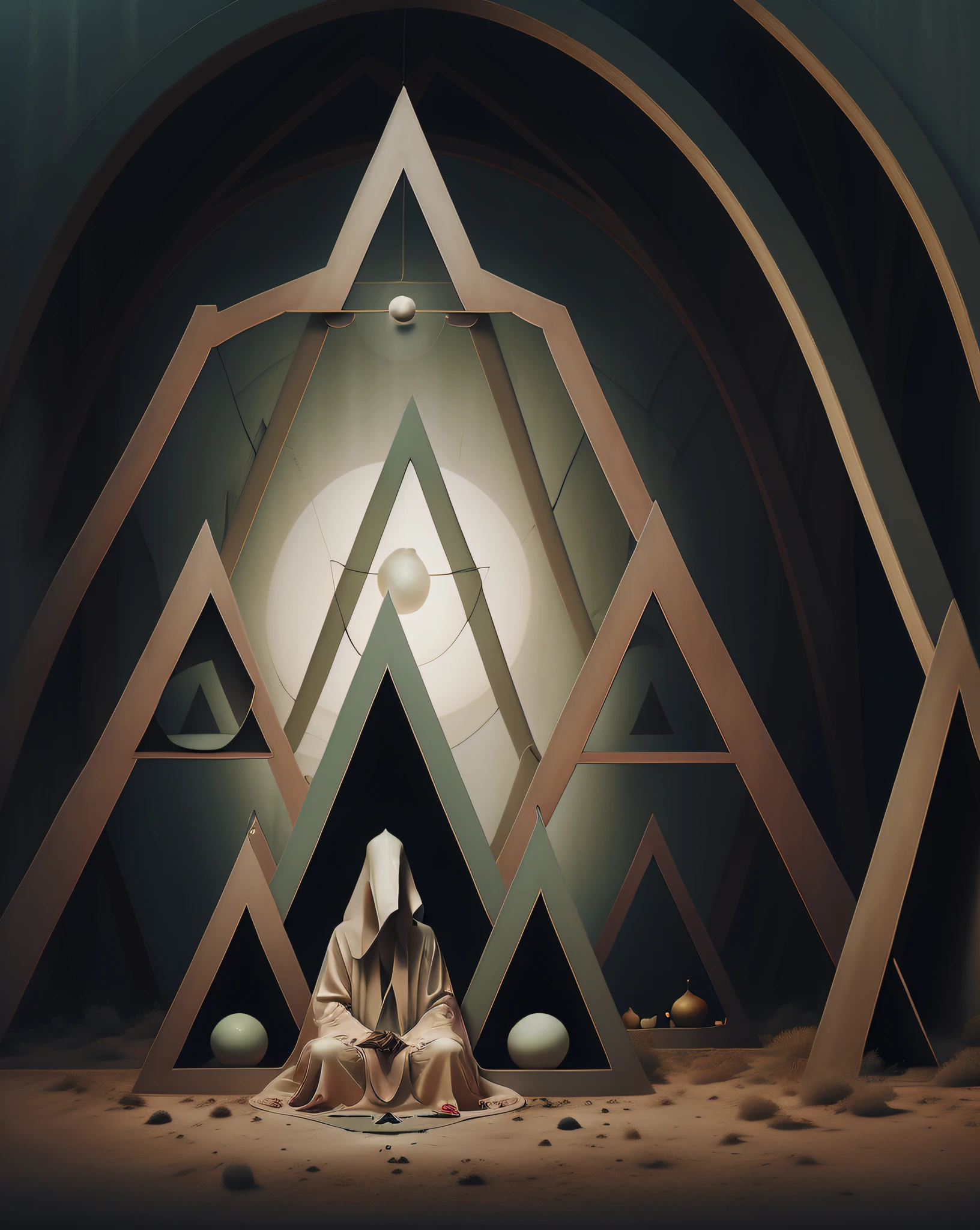 a person in a hooded robe sitting in a triangle with balls around it and a triangle with a person in it, Elsa Bleda, dark art, poster art, aestheticism, portrait of a futuristic shaman voodoo master cyborg, in the style of ghost in the shell, kintsugi, modern fine art, fractal, intricate, elegant, highly detailed, digital photography, subsurface scattering, by jheronimus bosch and greg rutkowski, real life,