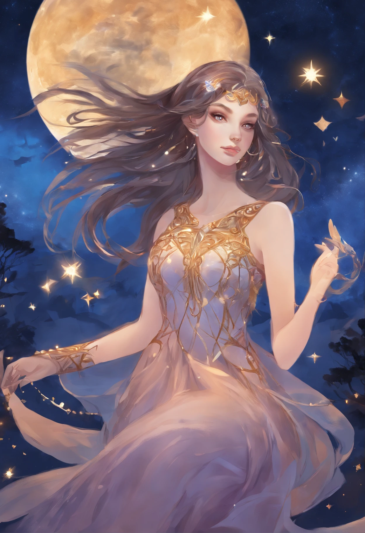 Uma mulher misteriosa Shadow , sua pele um azul profundo, segurando uma bola de energia azul reluzentes sob a noite iluminada pela lua,, starly sky, 8k, estilo anime inspirado no noir, high resolution, Quick Hands, olhar penetrante, detailed eyes and hands, Traje sombrio e reluzente como estrelas, Equipamento azul meia-noite e prata, ready-made blades, silencioso como um sussurro, focused expression, 2d illustration, longos cabelos negros, cabelo como a noite, cabelo detalhado, olhos de lavanda, assombrando os olhos de lavanda, olhos detalhados, olhos que nada revelam, A Lua Silenciosa Acima, furtividade, Starry sky in the background with shadowy trees, personification of the goddess of the night, deusa Nix.
