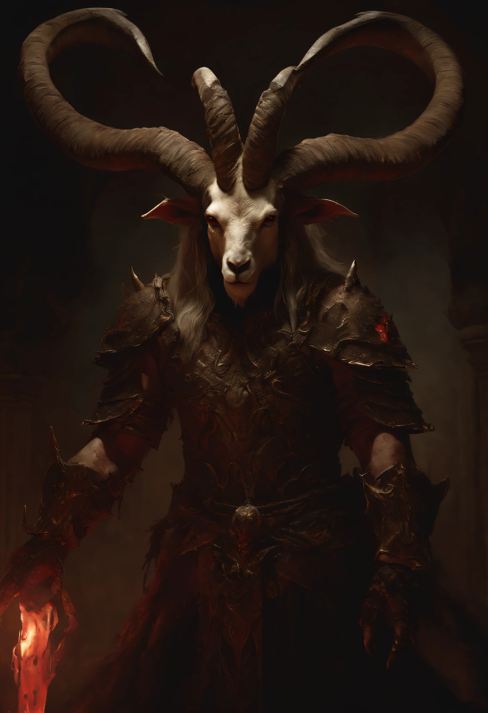 a goat-headed demon with large horns, strong and strong upper body, demon skins, skins, ((claws, wings)), demonic armor, blood splatters, skulls on the ground, standing in a blood ritual, medieval, dark room, dim light, masterpiece, realistic, oil painting