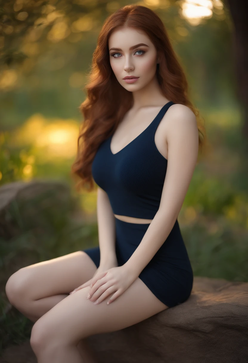 arafed woman fully , sexy girl with brown eyes, ultra realistic, meticulously detailed, portrait sophie mudd, As ginger hair and large eyes, selfie of a young woman, dubai eyes, violet myers, without makeup, natural makeup, looking directly at the camera, face with artgram, subtle makeup, stunning full body shot kneeling on bed, in an urban park, medium to large size bust
