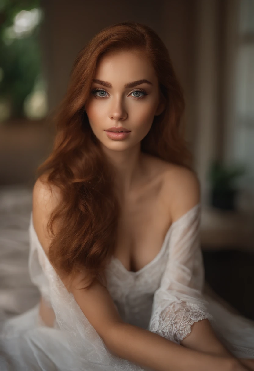 arafed woman fully , sexy girl with brown eyes, ultra realistic, meticulously detailed, portrait sophie mudd, As ginger hair and large eyes, selfie of a young woman, dubai eyes, violet myers, without makeup, natural makeup, looking directly at the camera, face with artgram, subtle makeup, stunning full body shot kneeling on bed, in an urban park, medium to large size bust