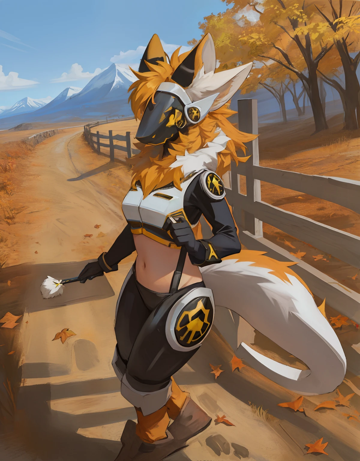 (highly detailed illustration:1.2), best quality, masterpiece, solo, natural lighting, protogen, (protogen face:1.1), (protogen visor:1.1), tail, torso, yellow eyes, glossy fur, glossy hair, gray fur, standing, gravel road, winding road, windy, windy leaves, blowing leaves, trees, mountains, hills, forest, landscape, female, huge breats, fluffy tail, no clothing