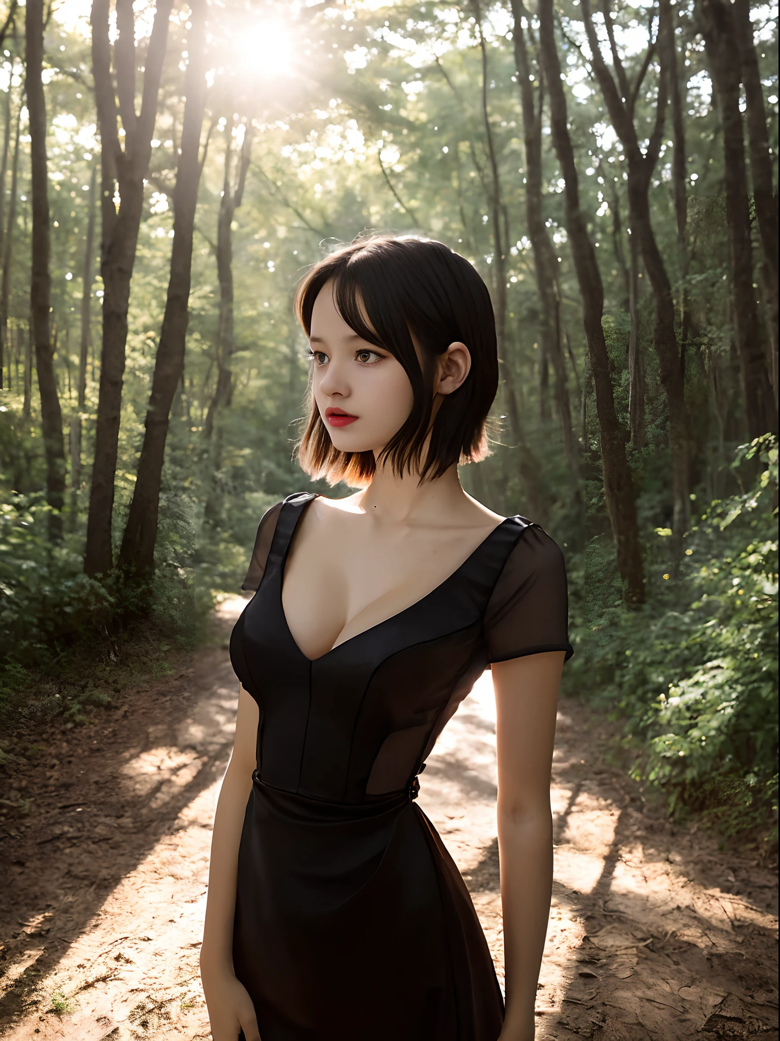 ((-teen girl)), bldress with V-neck, cleavage breasts, breast-to-face photo of the girl, very light skin, short hair, wooden houses in the forest, sunset, photorealistic, indirect lighting , volumetric light, ray tracing, hyperdetailed