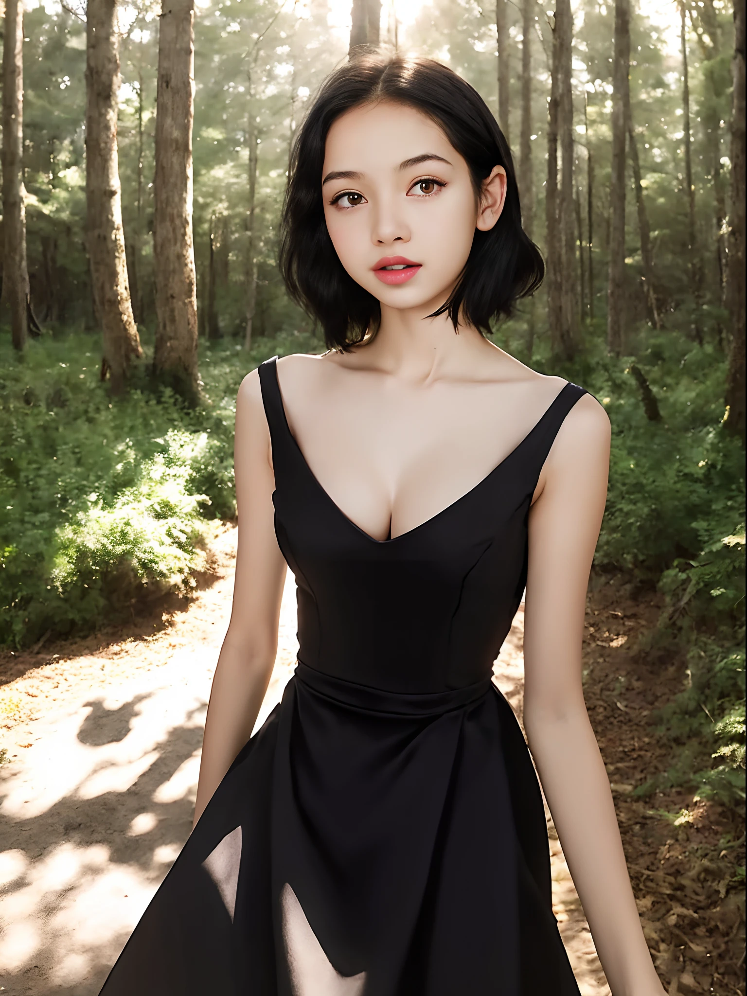 ((-teen girl)), bldress with V-neck, cleavage breasts, breast-to-face photo of the girl, very light skin, short hair, wooden houses in the forest, sunset, photorealistic, indirect lighting , volumetric light, ray tracing, hyperdetailed