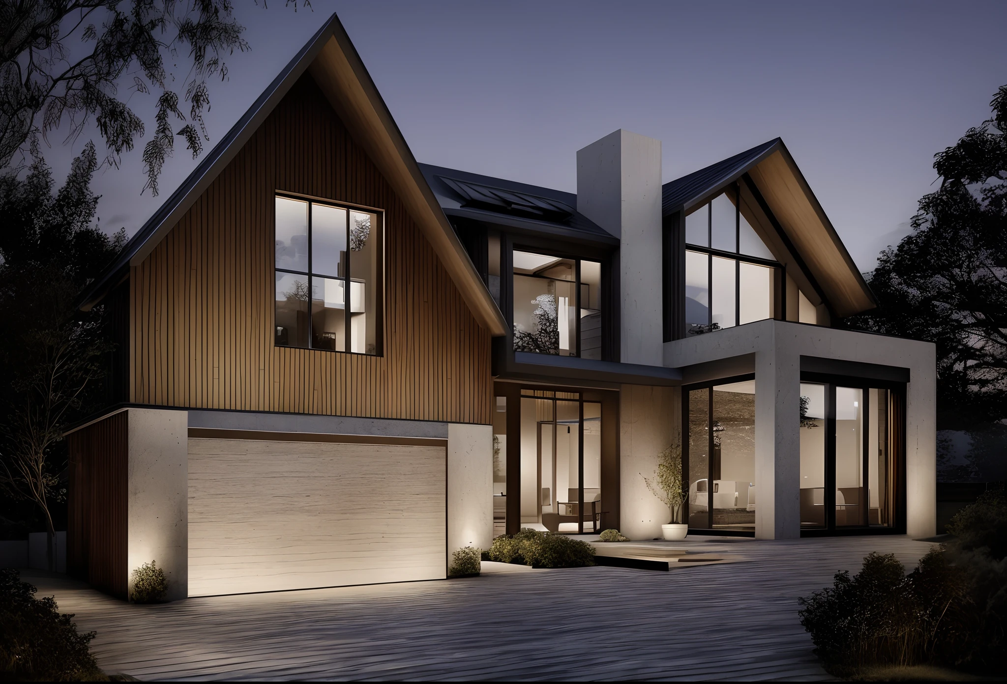 gable roof, modern Scandinavian house, floor-to-ceiling windows, smooth limestone accents, wood accents, exterior design, award winning render, contemporary house, a photorealistic rendering, fully detailed render, large modern residence, 4k, dusk, dramatic exterior lighting