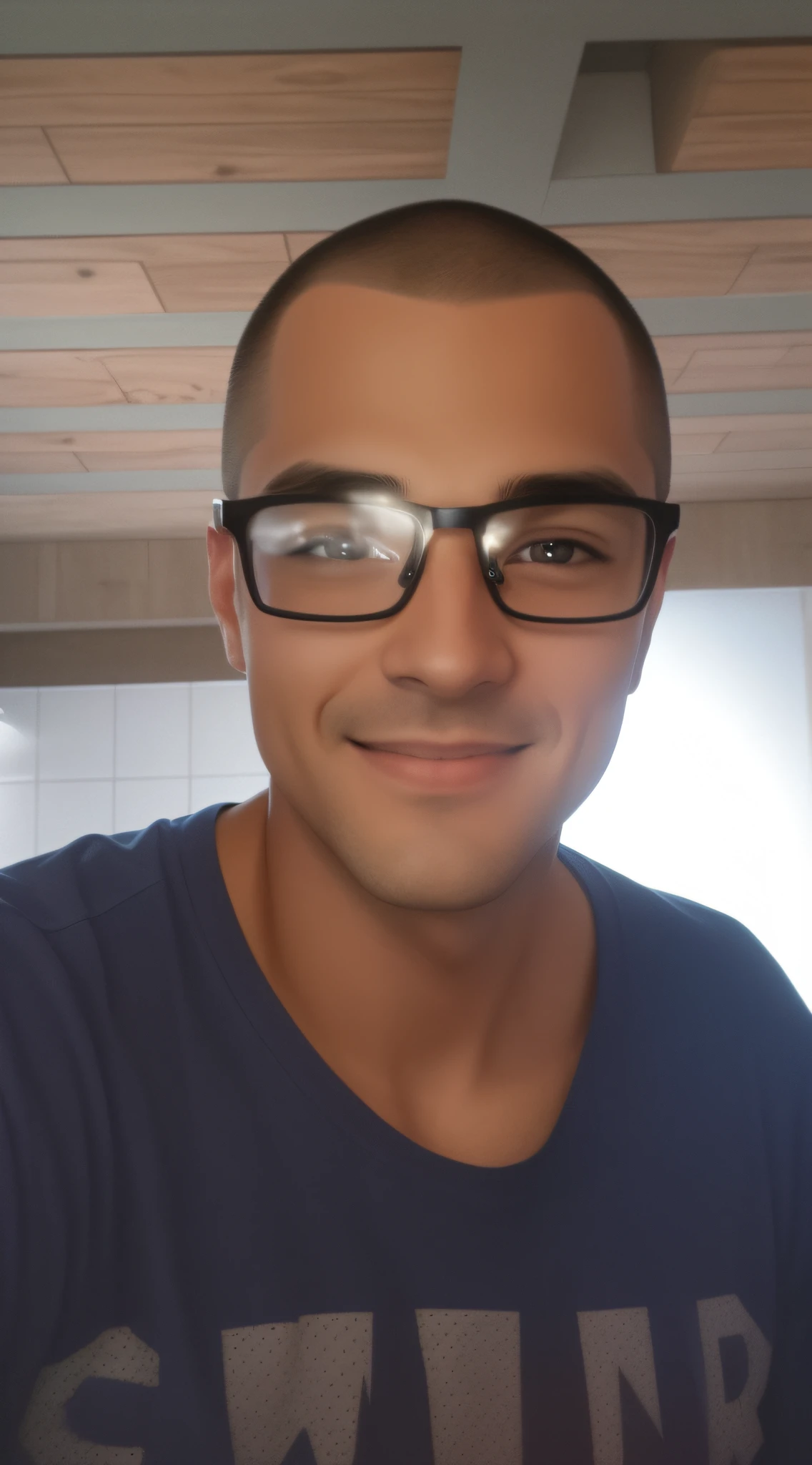 Photorealistic image of a man with a buzzcut hairstyle and short hair, shaved on the sides. His clean and attractive face features brown eyes that stand out behind his modern nerd-style glasses. He is smiling at the camera, exuding confidence and professionalism while maintaining his distinct cartoon-like appearance. He is dressed in a blue and red T-shirt, creating a profile picture that radiates creativity and competence in the world of graphic design. The background is a studio setting with soft, diffused lighting. The camera lens used is a 50mm prime lens, capturing the subject in sharp focus with a blurred background.