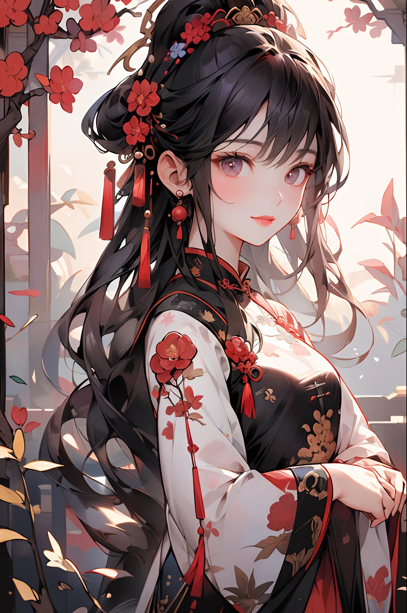 absurderes,(​masterpiece、top-quality、8K ),intricate detailes,ultra-detailliert、Beautiful Chinese Woman、(Solo),A slight smil、Traditional Chinese Bluehambu、plow、(Upper body,close range:1.3),red-lips、Slender eyes、Stand by a plum tree、By the pond、Hyper realistic,Perfect Anatomy