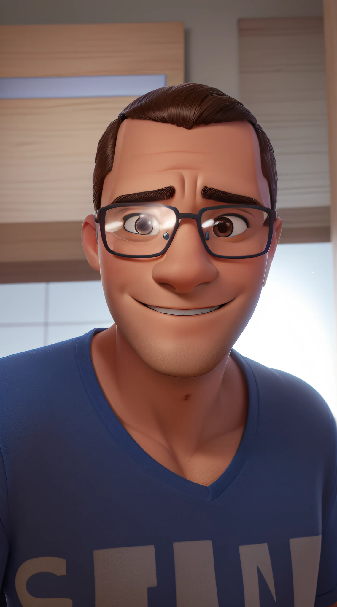 Imagem fotorrealista de um homem com um penteado buzzcut e cabelo curto, raspado nas laterais. His clean, attractive face features brown eyes that stand out behind his modern nerd-style glasses. He's smiling at the camera, Exuding confidence and professionalism, maintaining its distinctive cartoonish look. He's dressed in a blue and red T-shirt, Create a profile picture that radiates creativity and competence in the world of graphic design. The background is a studio environment with soft, diffuse lighting. The camera lens used is a 50mm main lens, capturing the subject in sharp focus with a blurry background.