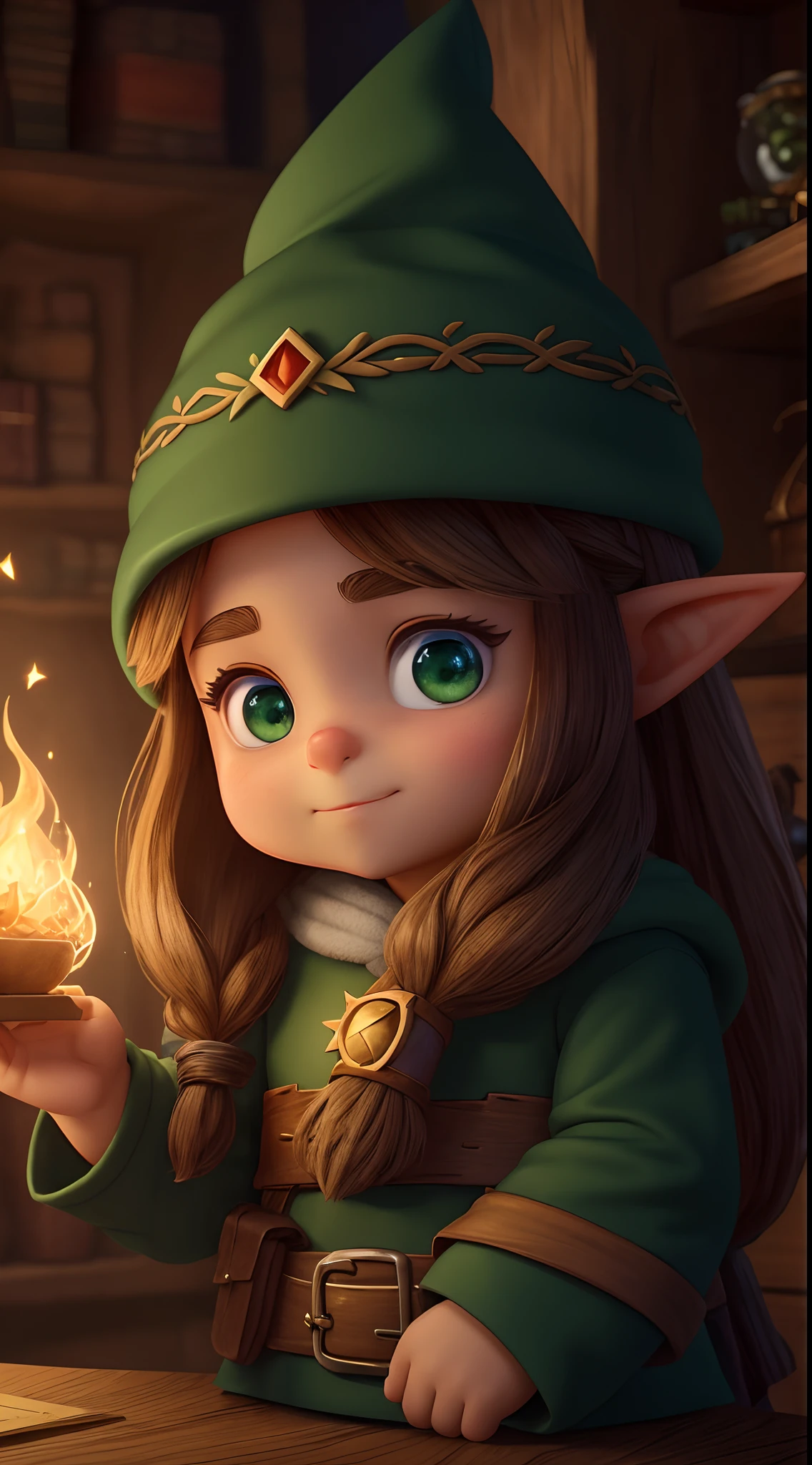 Faelira Gnomes, the cunning little gnome with long brown hair, adorable green eyes and cute and innocent appearance, hides her treacherous intelligence. In an ultra-detailed scene, the lighting highlights his cunning personality and unwavering motivation. The 3D animation offers excellent quality to highlight Faelira's every feature. –ar 16:9 –s 1000 –q 5