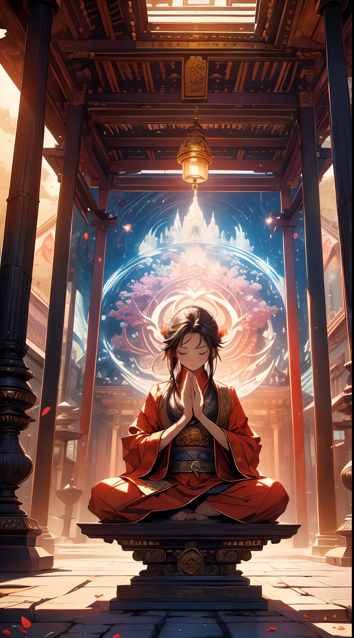 (masterpiece), best quality, mage meditating in a temple, 4k, peaceful, intricate, architecture, colorful, gorgeous,