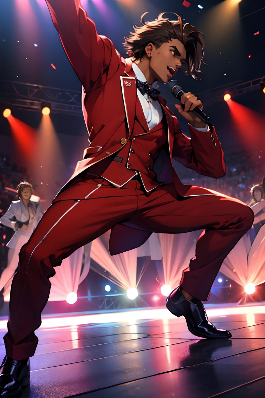 black young man, negro, messy hair, brown hair, jojo pose, show, red suit, lindo, festa, dance, microphone, singing