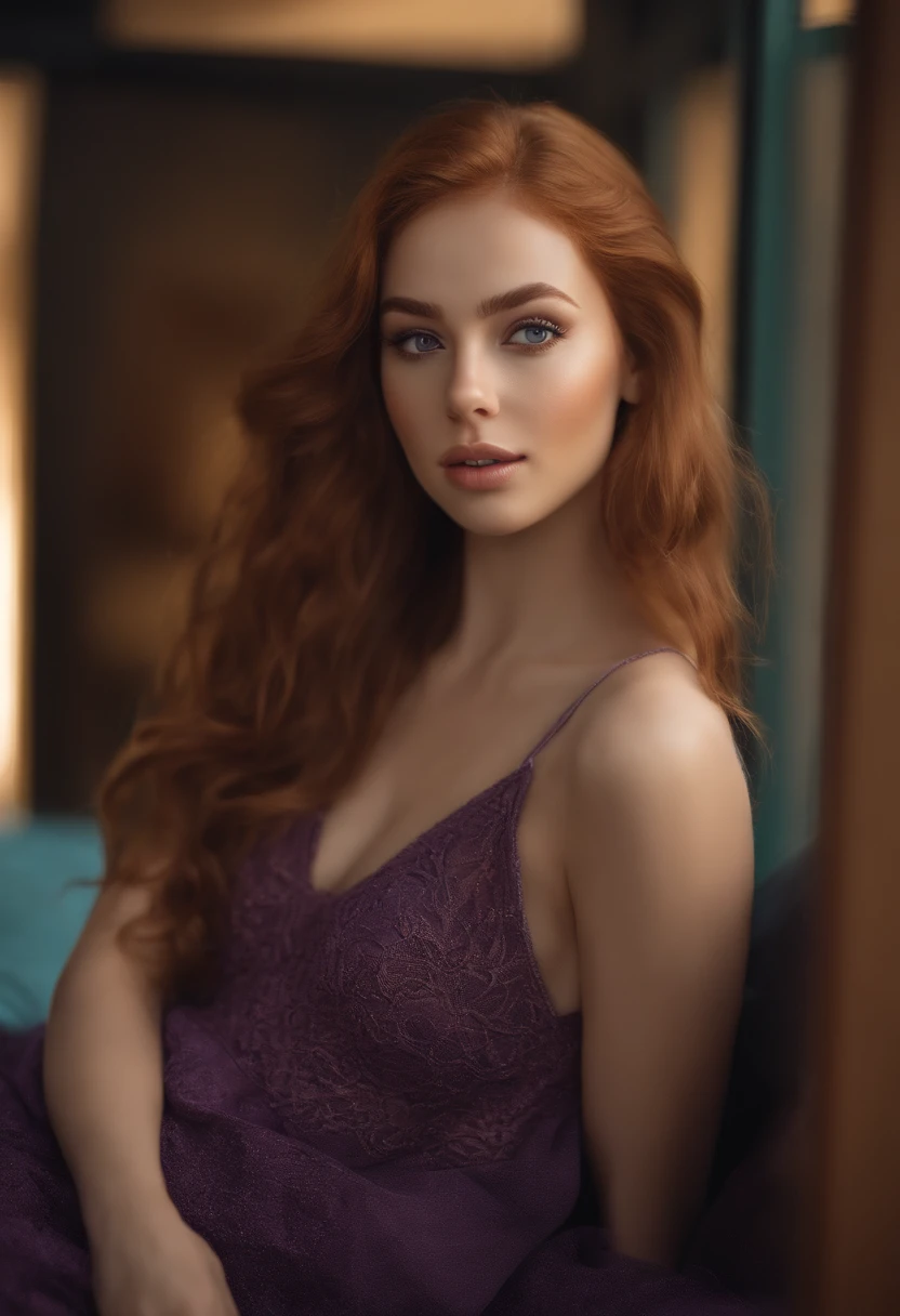 arafed woman fully , sexy girl with brown eyes, ultra realistic, meticulously detailed, portrait sophie mudd, As ginger hair and large eyes, selfie of a young woman, dubai eyes, violet myers, without makeup, natural makeup, looking directly at the camera, face with artgram, subtle makeup, stunning full body shot kneeling on bed, dancing in a club, medium to large size bust