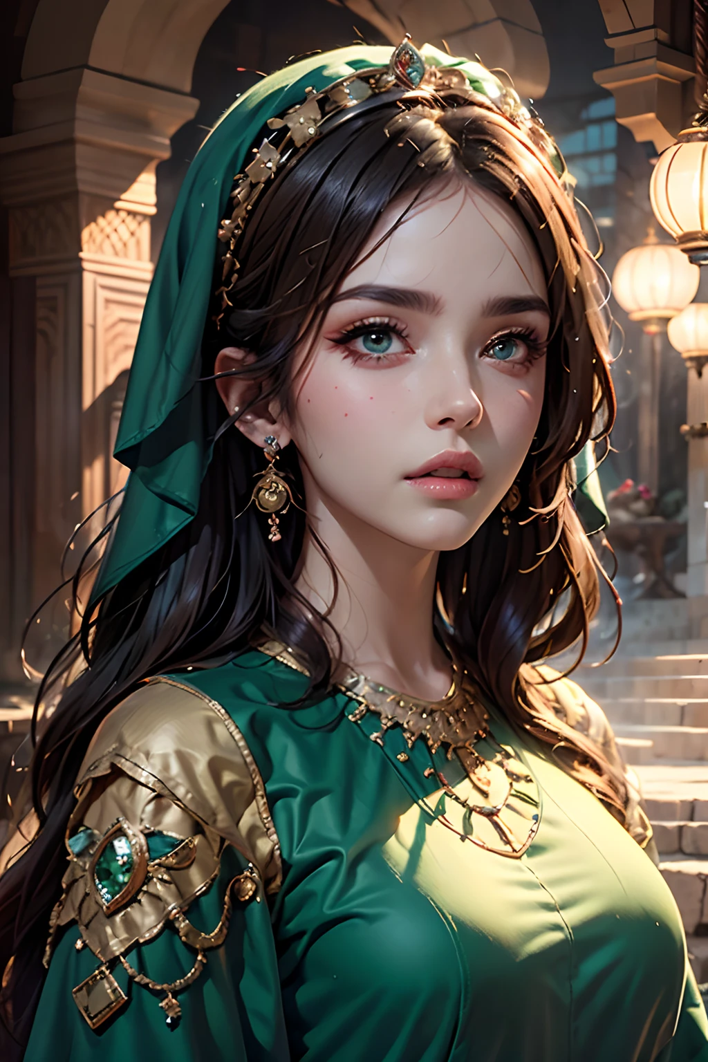 Caftan Moroccan Islamic hyper realistic super detailed very detailed very Beautiful face super detailed portrait crystal eyes green bright hyper realistic super detailed sharp details