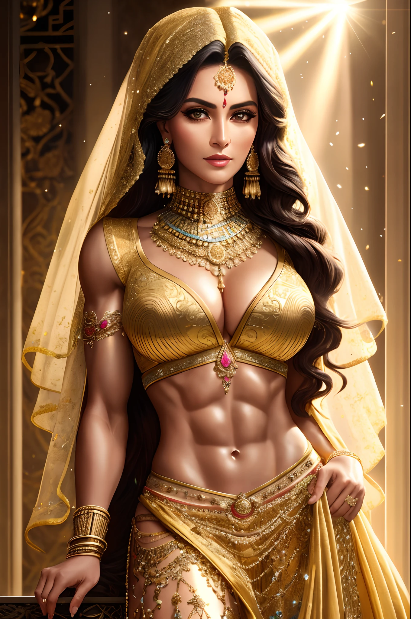 Best quality, Masterpiece, A high resolution, photograph realistic, Ultra photo realsisim, sun tyndall effect,Photorealistic, Dark Studio, rim lit, Tonal lighting,(highdetailskin:), 8K  UHD, Digital SLR, Soft lighting, High quality, voluminetric lighting, candid, photographed, high resolution, 4K, 8K, Bokeh, ultra realistic 8k cg, (Epic:, Perfect artwork, Masterpiece, ancient dynasty, medieval, fantasy), (((Detailed background))), Pakistani woman,60-year-old queen muscular fresh model , Shredded,(Amazing god-like beauty), (striking facial features, detailed hairs) Dynamic Angle, amazing stunningly beautiful, Sitting, wavy shiny hair, golden wet skin shining, Full body portrait, Glamour, perfect soft curves, Perfect body, perfect boobs, full wet lips, Perfect and extremely detailed abs, Ultra photo realsisim, Sun