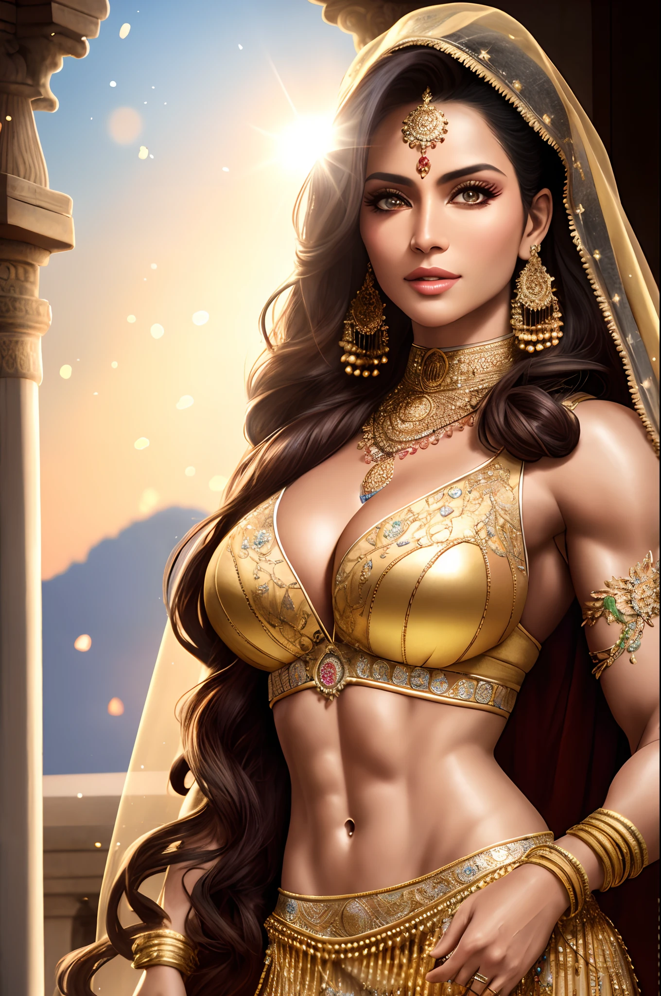 Best quality, Masterpiece, A high resolution, photograph realistic, Ultra photo realsisim, sun tyndall effect,Photorealistic, Dark Studio, rim lit, Tonal lighting,(highdetailskin:), 8K UHD, Digital SLR, Soft lighting, High quality, voluminetric lighting, candid, photographed, high resolution, 4K, 8K, Bokeh, ultra realistic 8k cg, (Epic:, Perfect artwork, Masterpiece, ancient dynasty, medieval, fantasy), (((Detailed background))), Pakistani woman,60-year-old queen muscular fresh model , Shredded,(Amazing god-like beauty), (striking facial features, detailed hairs) Dynamic Angle, amazing stunningly beautiful, Sitting, wavy shiny hair, golden wet skin shining, Full body portrait, Glamour, perfect soft curves, Perfect body, perfect boobs, full wet lips, Perfect and extremely detailed abs, Ultra photo realsisim, Sun