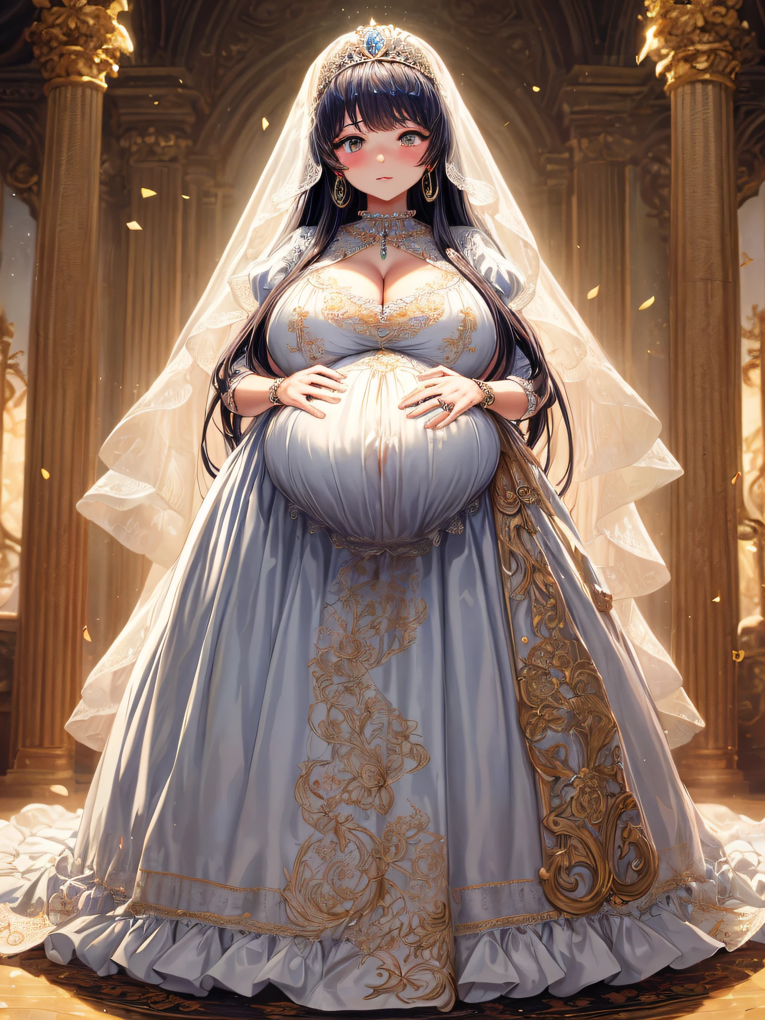 (masterpiece, best quality,extremely detailed:1.1),(moe anime art style:1.3),1girl,((full body,focus face)),((solo)), cute, kawaii,digital art,((1 bling-bling pregnant princess wearing beautiful embroidery and jeweled gorgeous rococo ballgown with jeweled voluminous full length hoop skirt)),(((heavily pregnant))),very big pregnant belly,((crinoline)),long train,voluminous frills,See-through,(gorgeous embroidery and beautiful lace),((very gigantic boobs,skindentation)),cleavage,shiny hair,(((very long hair,very long straight hair))),((embarrassed)),anguish,((finely detailed face and eyes)),clear pupil,extremely gorgeousfull hair ornament,(bling-bling jeweled extremely gorgeousfull tiara),(bling-bling gorgeous gemstone jewelry),long veil,(beautiful background),fantasy background,flowers,flower petals flowing,full body,((beautiful embroidery and jeweled ruffled gorgeous rococo ballgown with voluminous full length hoop skirt))