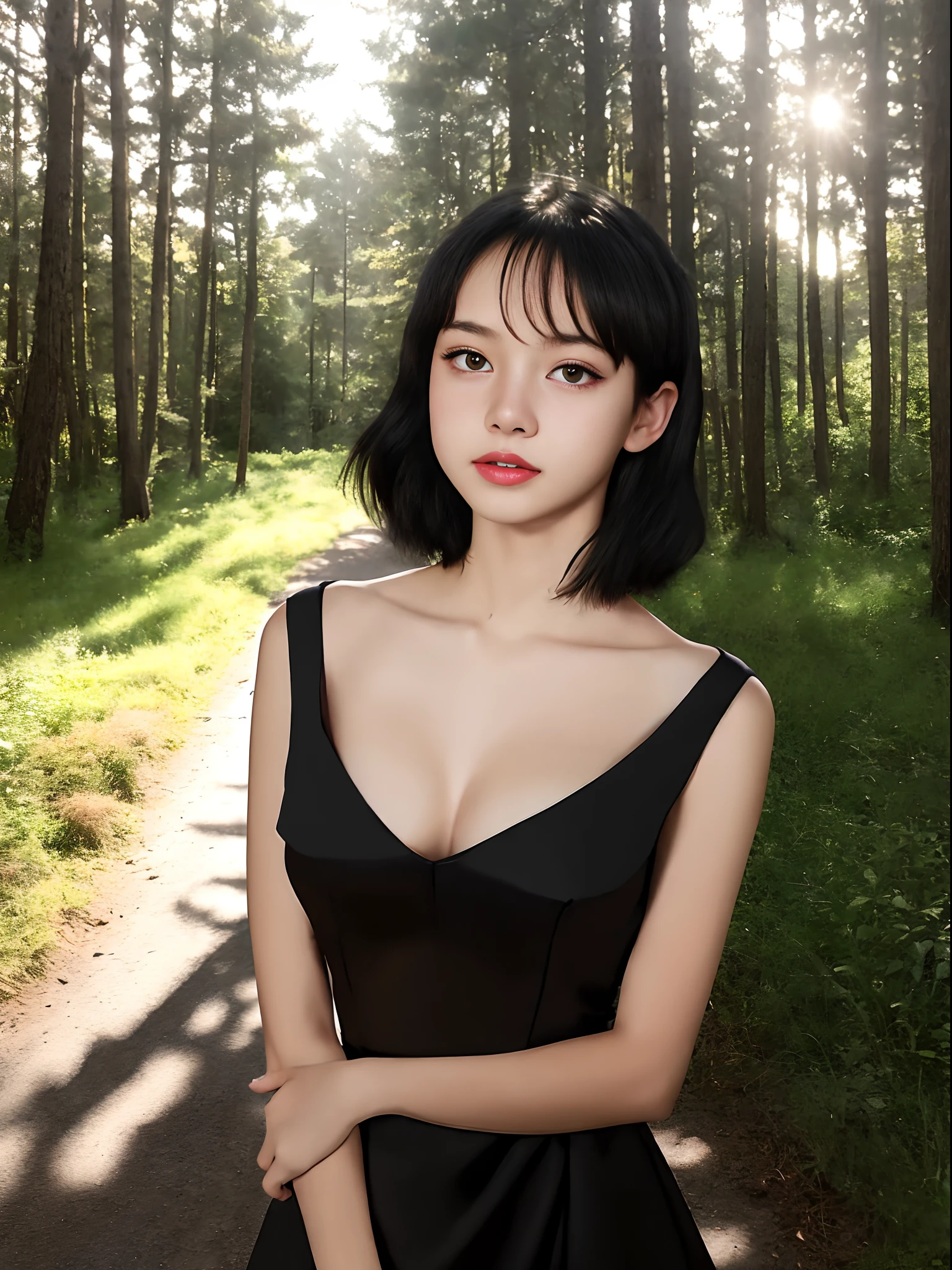 ((-teen girl)), bldress with V-neck, cleavage breasts, breast-to-face photo of the girl, very light skin, short hair, wooden houses in the forest, sunset, photorealistic, indirect lighting , volumetric light, ray tracing, hyperdetailed