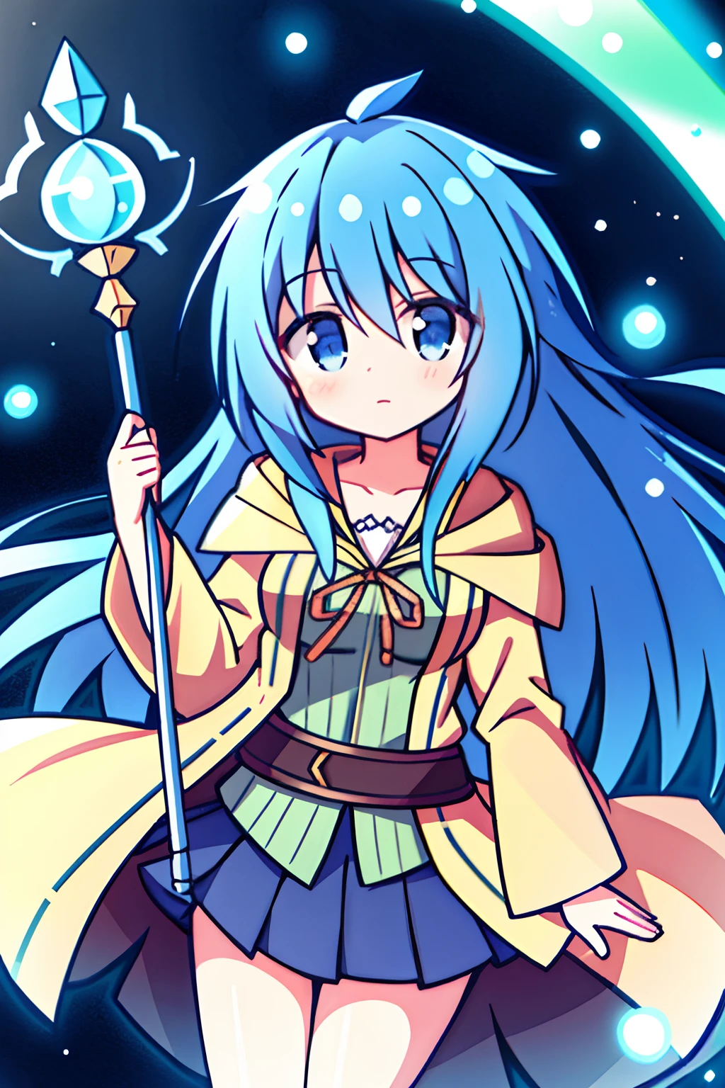 masterpiece, best quality, ultra high quality cg, eria ygo, 1girl, solo, long hair, looking at viewer, skirt, shirt, long sleeves, holding, hair between eyes, medium breasts, closed mouth, collarbone, cowboy shot, pleated skirt, open clothes, hood, wide sleeves, black skirt, blue background, hood down, staff, robe, green shirt, holding staff, duel monster, ribbed shirt, open robe, hooded robe