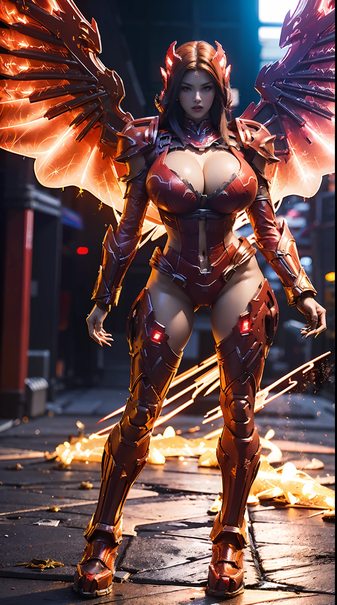 HUGE BOOBS, RGB, RED MECHA ARMOR FULL SUIT, (CLEAVAGE), (A PAIR LARGEST WINGS), TRANSPARANT, TALL LEGS, STANDING, SEXY BODY, MUSCLE ABS.