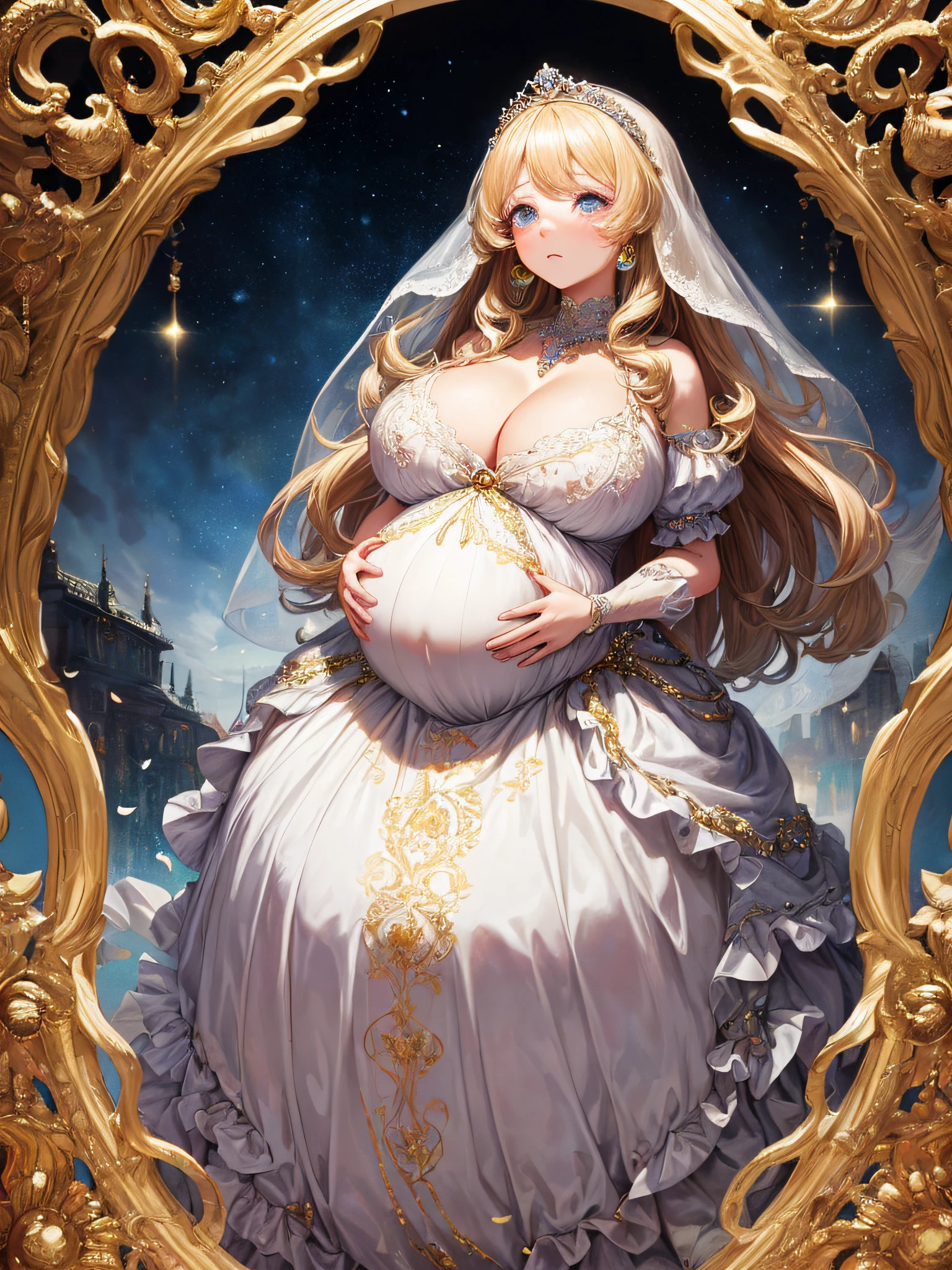 (masterpiece, best quality,extremely detailed:1.1),(moe anime art style:1.3),1girl,((full body,focus face)),((solo)), cute, kawaii,digital art,((1 bling-bling pregnant princess wearing beautiful embroidery and jeweled gorgeous rococo ballgown with jeweled voluminous full length hoop skirt)),(((heavily pregnant))),very big pregnant belly,((crinoline)),long train,voluminous frills,See-through,(gorgeous embroidery and beautiful lace),((very gigantic boobs,skindentation)),cleavage,shiny hair,(((very long hair,very long straight hair))),((embarrassed)),anguish,((finely detailed face and eyes)),clear pupil,extremely gorgeousfull hair ornament,(bling-bling jeweled extremely gorgeousfull tiara),(bling-bling gorgeous gemstone jewelry),long veil,(beautiful background),fantasy background,flowers,flower petals flowing,full body,((beautiful embroidery and jeweled ruffled gorgeous rococo ballgown with voluminous full length hoop skirt))