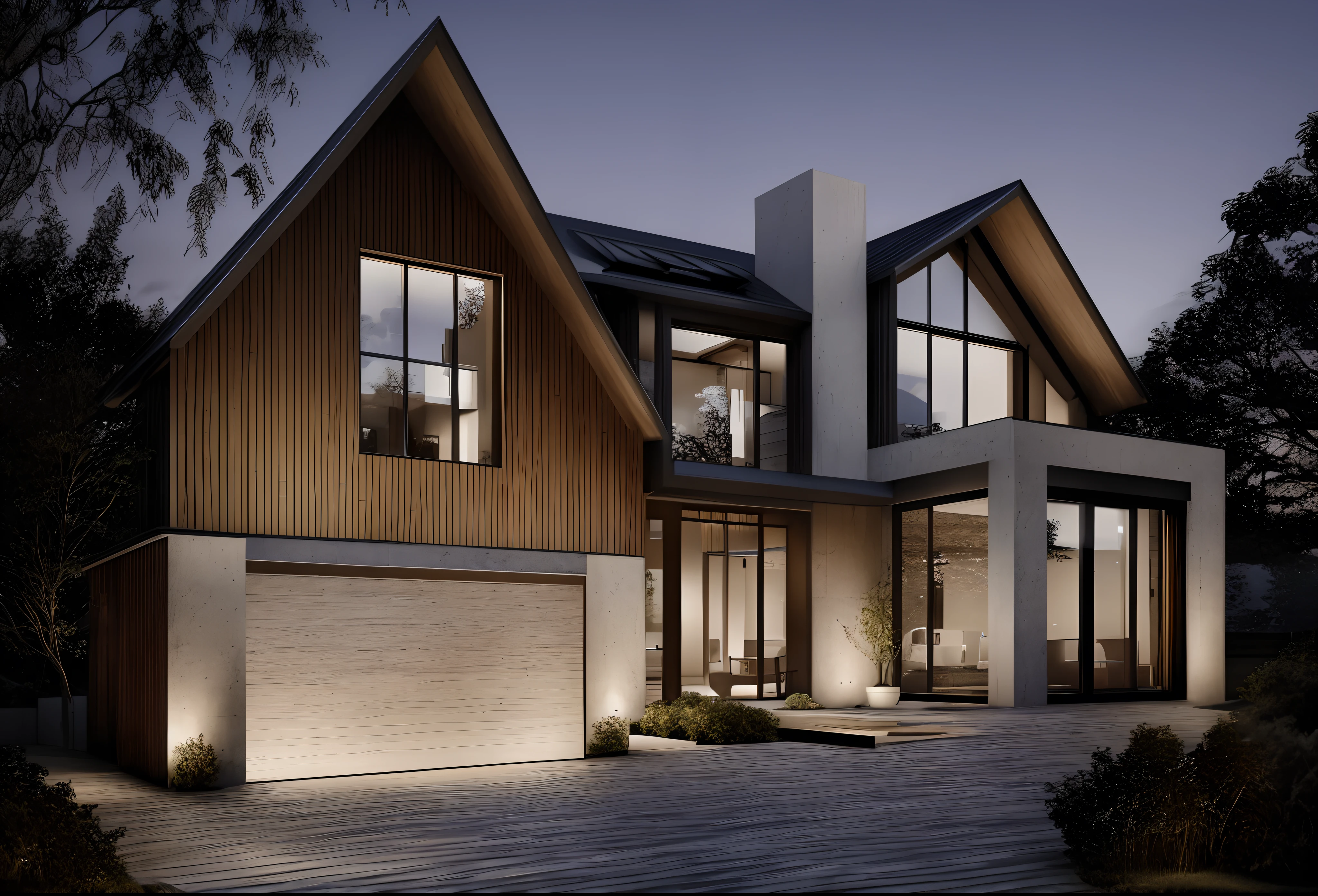 gable roof, modern Scandinavian house, floor-to-ceiling windows, smooth limestone accents, wood accents, exterior design, award winning render, contemporary house, a photorealistic rendering, fully detailed render, large modern residence, 4k, dusk, dramatic exterior lighting