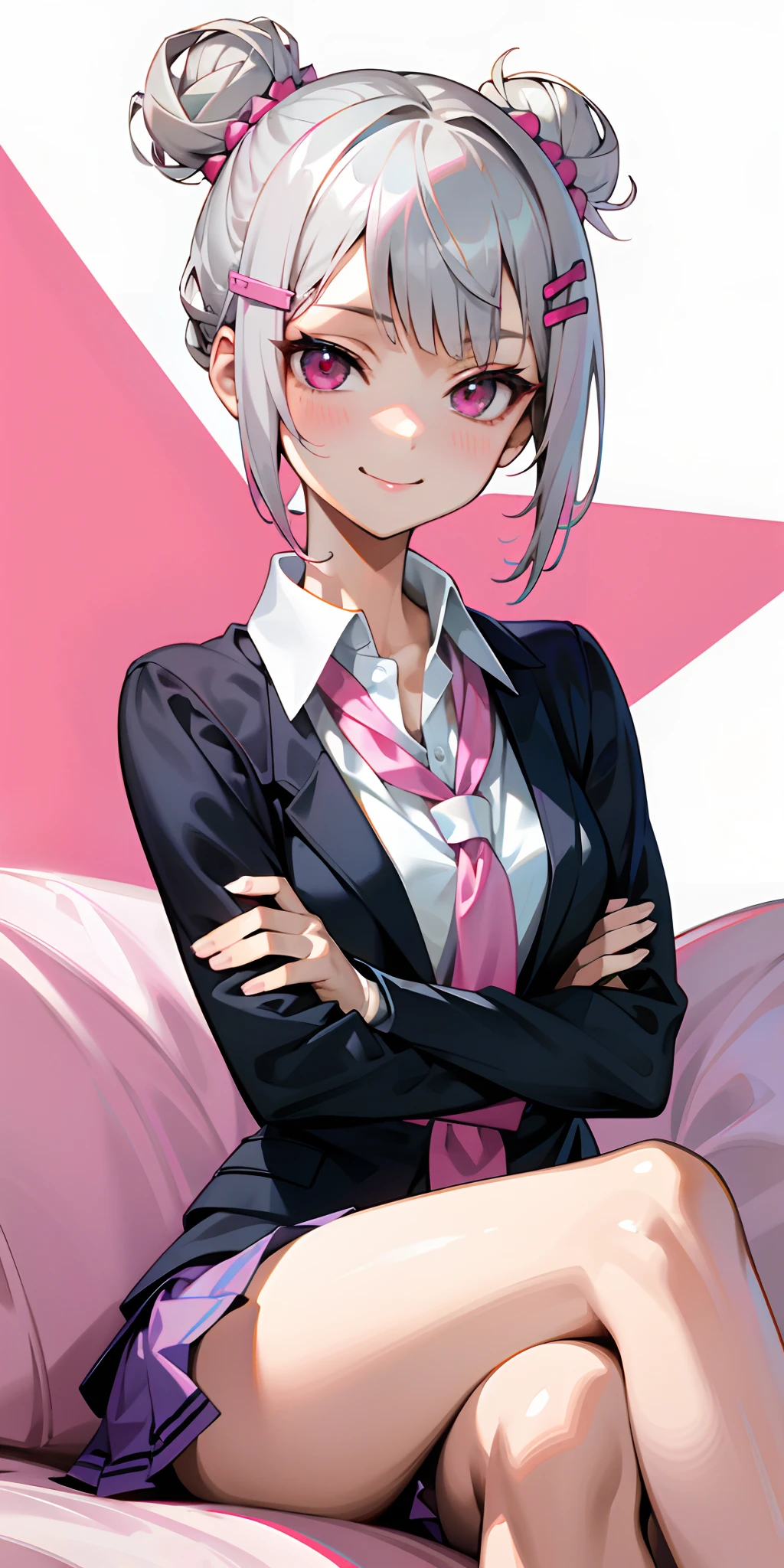 (masutepiece), Expressive eyes, Perfect face, 1 girl、Short hairstyle with silver hair and bob, Hair tied in a bun with a hair clip, Pink eyes, Seductive smile, School uniform, Miniskirt, ((crossed legs)), nice thigs