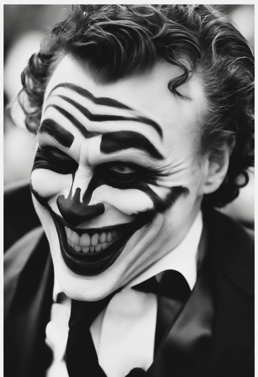 Coringa, Realista, detalhado (Preto e branco) fumando charuto, sorriso de ponta a ponta, Anos 90, Noite