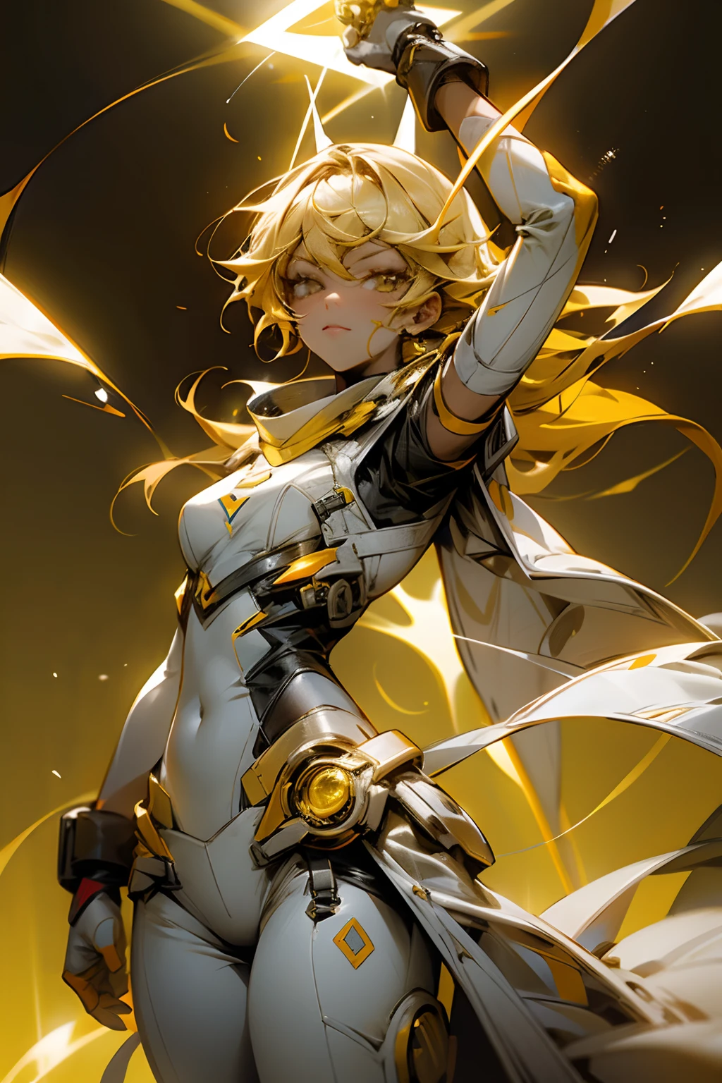 A yellow flashy aura, an orange flashy effect, and a female fighter wearing white clothes.