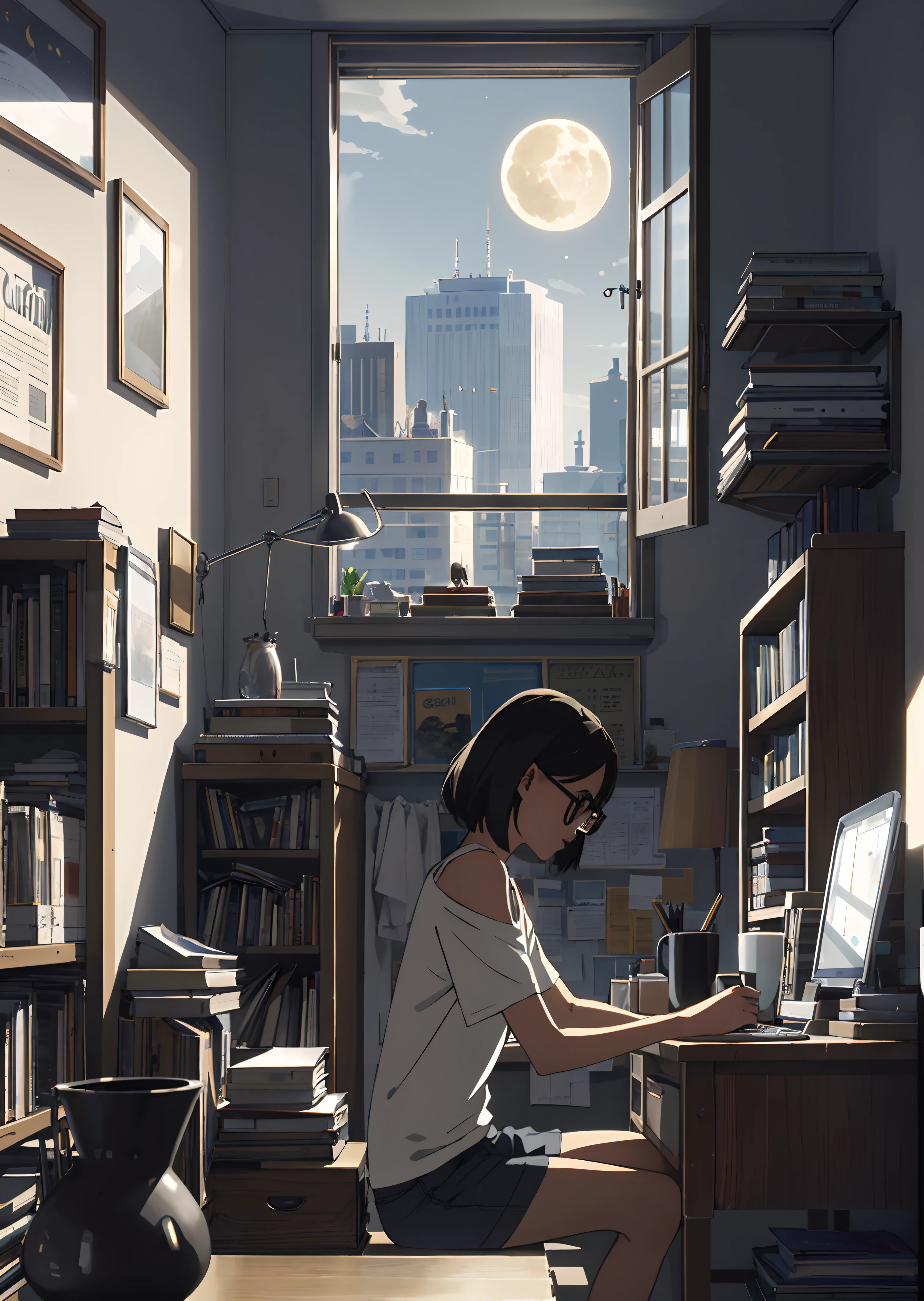 a girl with short and messy hair. she is studying in her room with a loose T-shirt. love to drink coffee, wears relatively big glasses,
she keeps a big library and many vases in her room she has a big window she can see tall buildings and the moon well, busy desk
