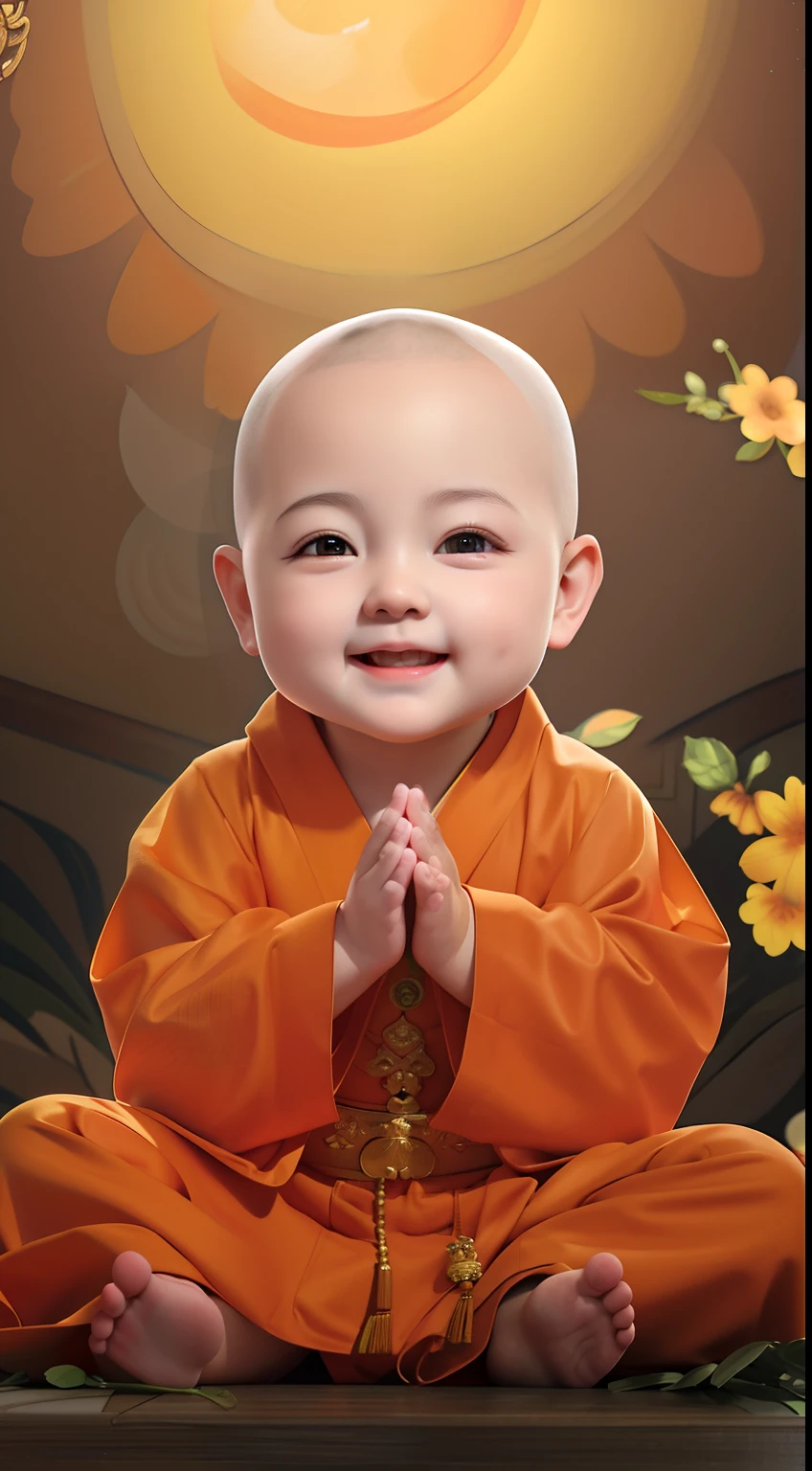 Smiling in orange robe sitting in front of a painting of a smiling Buddha, lovely digital painting, Buddhist, monk clothes, Portrait shooting, buddhist monk, monk meditation, adorable digital art, monk, Buddhism, portrait of monk, high quality portrait, Children, yanjun cheng, close up portrait shot, monk, Cute detailed digital art, wojtek fus