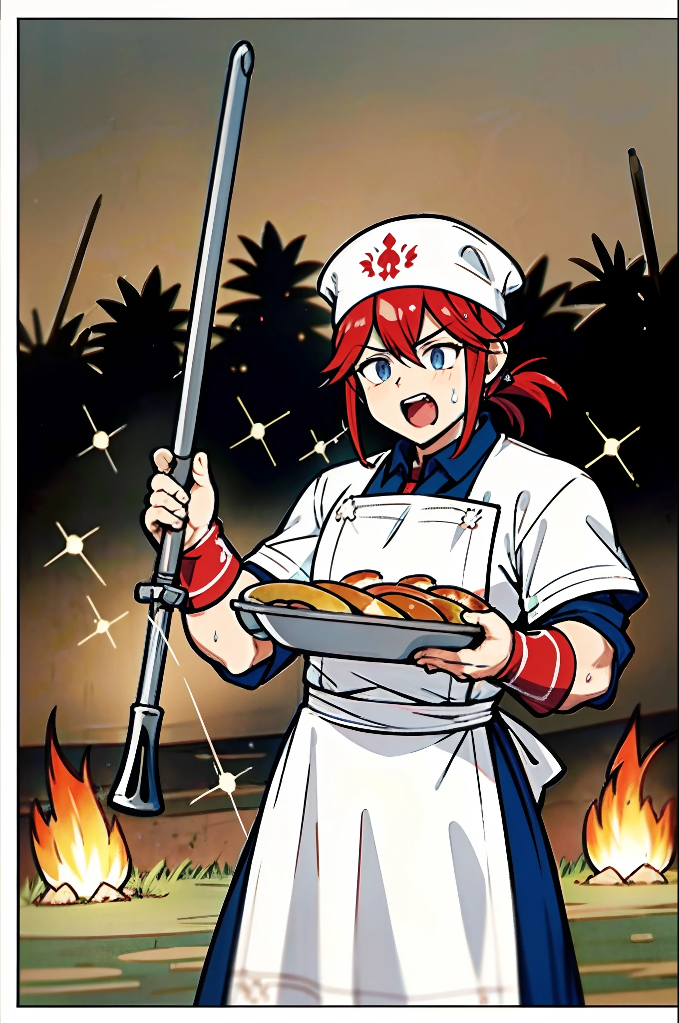 a chef, cooker, cooking, cook master, shouting, fryer in hand, kitchen chef, food flying around, food everywhere, mature, tough, war, war campo, war field, battlefield, on action, RPG, rpg class, class design, rpg character, rpg game, game character, battlefield, campfire, by bestiary_style, masterpiece, best quality, perfect arms, perfect hands, high detailed hands, best quality hands, perfect fingers, high detail face