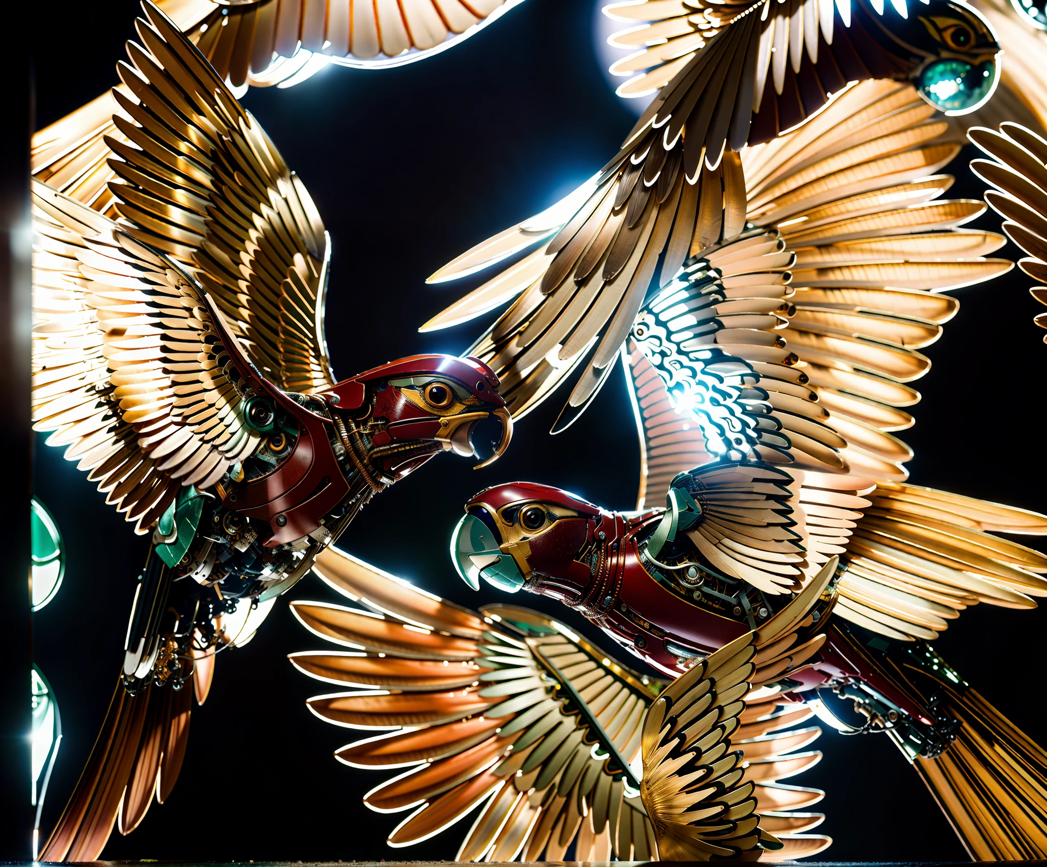 ((master part)), ((best quality)), 8k, alto detalhamento, ultra-detalhado, em (vermelho:1.3) mechanical bird, harmoniosamente integrado na beleza da Naturezaza, Capturing the balance between technology and the environment, mechanical bird, ((Natureza)), ((Smooth integration)), ((Balance between technology and environment)), Metal penalties, Mecanismos de engrenagem, perched on the tree branch, fluttering leaves, Sun rays through the canopy, Reflection in a pond.