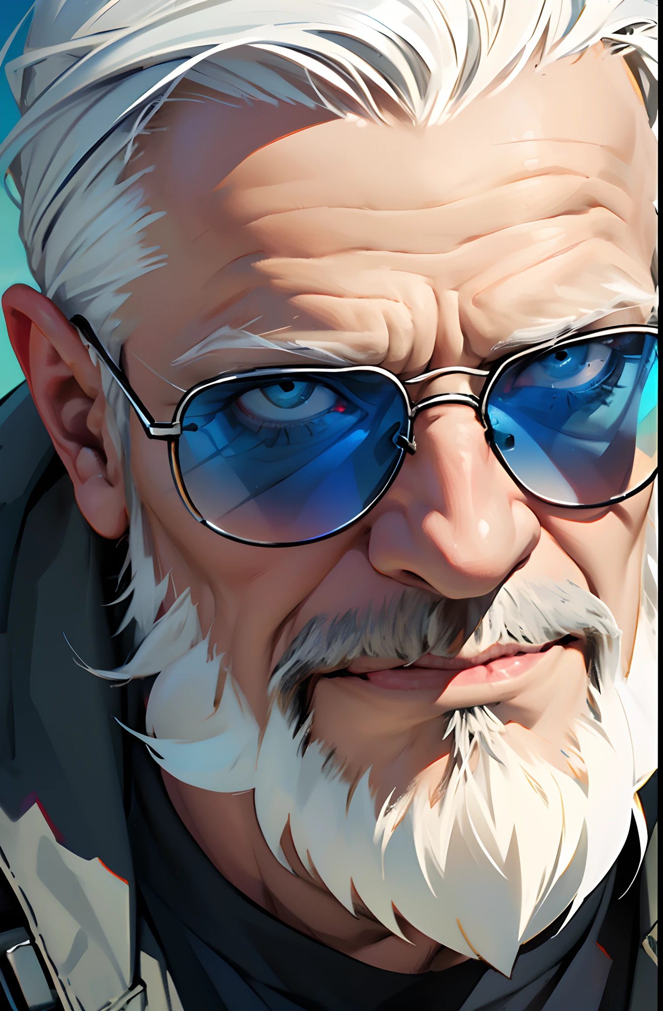 (best quality,alto,Realistic,1.2),retrato,an old man with a long white beard and white hair wearing sunglasses and a blue parka,com olhos azuis brilhantes,um sorriso pateta,a serious expression,uma atmosfera sombria e misteriosa