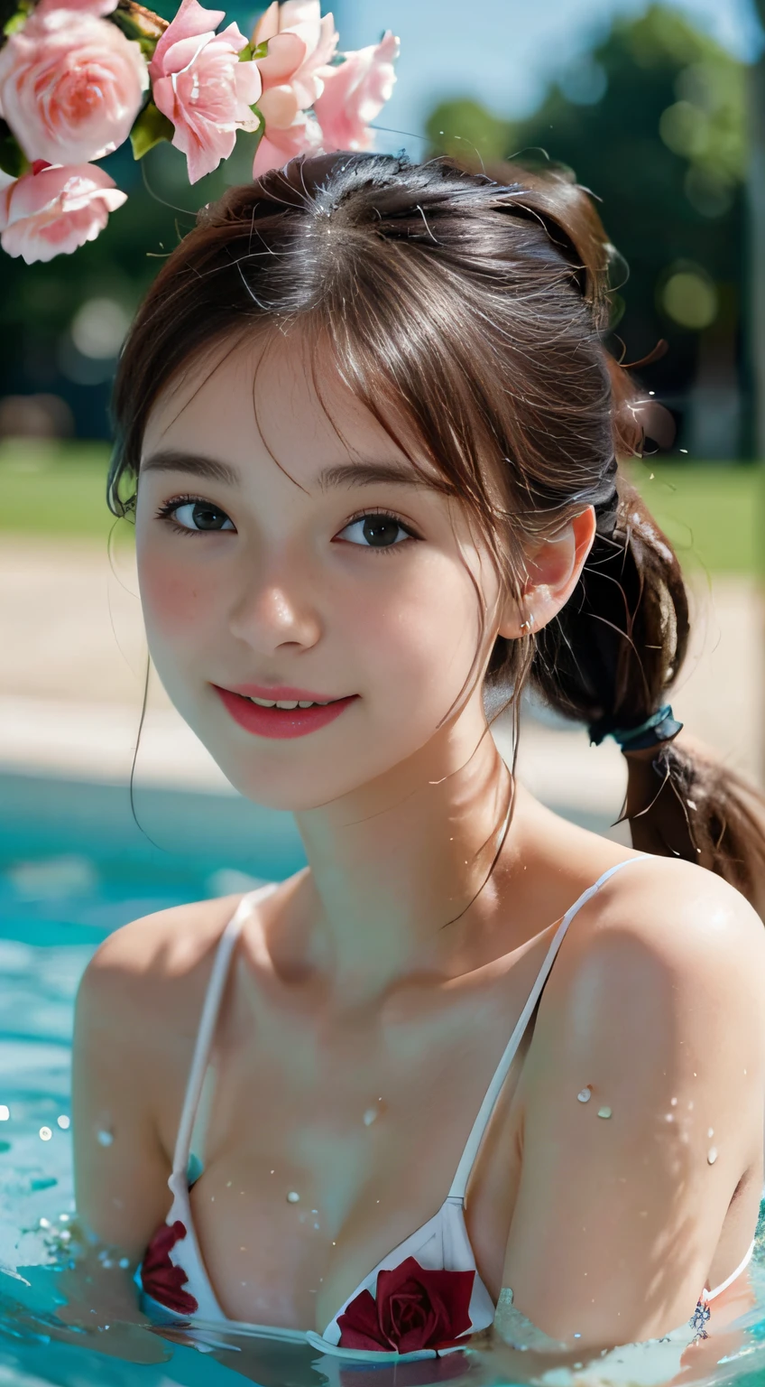 1 pretty girl,white skinned,brown hair,looking at viewer, beautiful small chest, France, pony tail, happy smile, sports, pink stylish sexy bikini, swimming, riding, pulling, dynamic, roses, in love, joyful, singing, coconut, artist, aesthetic, tapping, masterpiece, top quality, best quality, detailed and intricate, official art, beautiful and aesthetic:1.3), (fractal art:1.3), colorful, vivid, Rosmarin