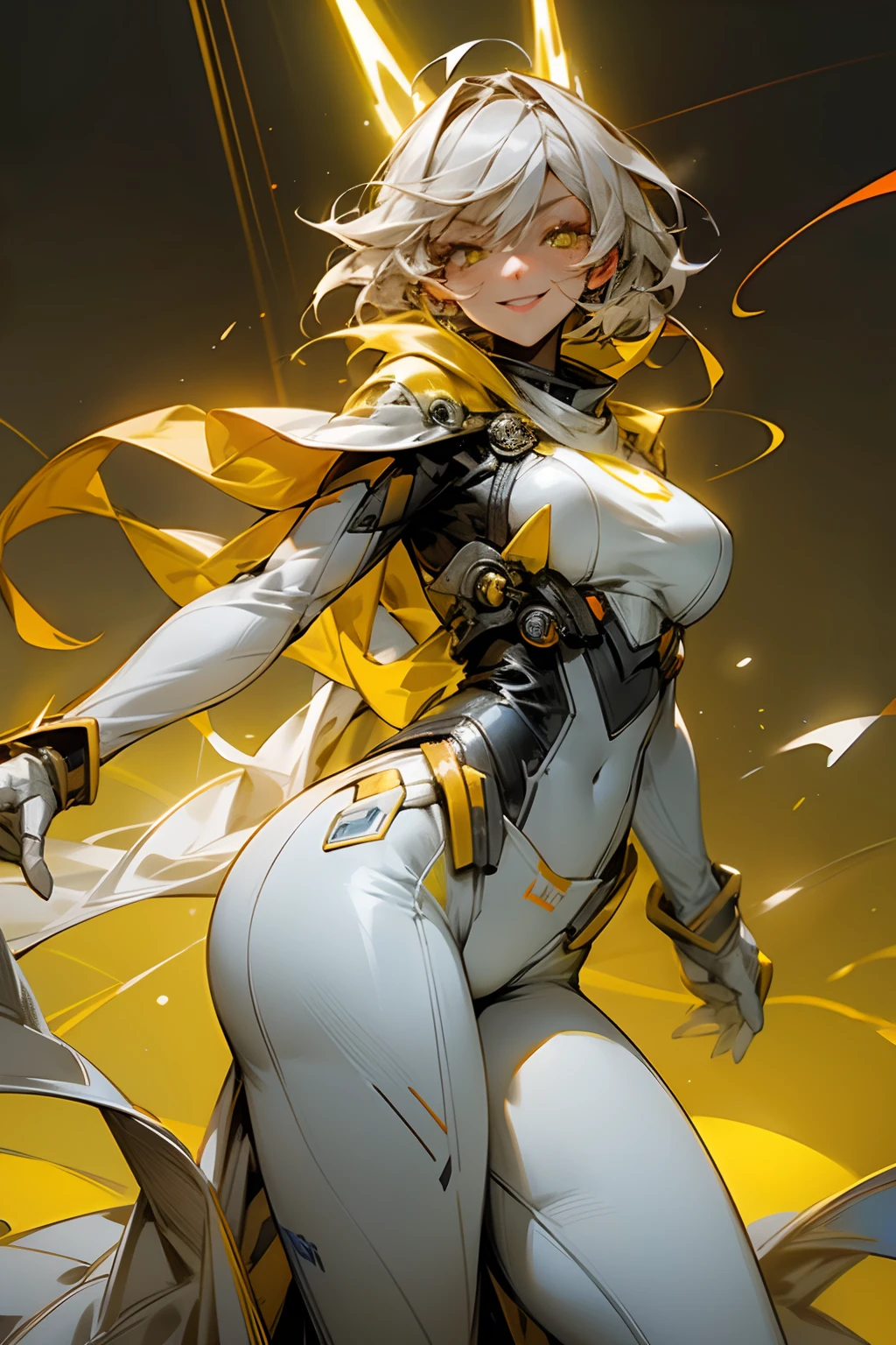 Long shot, flashy yellow aura, flashy orange flash effects, female fighter wearing white clothes, blue glowing eyes, big breasts, smiling