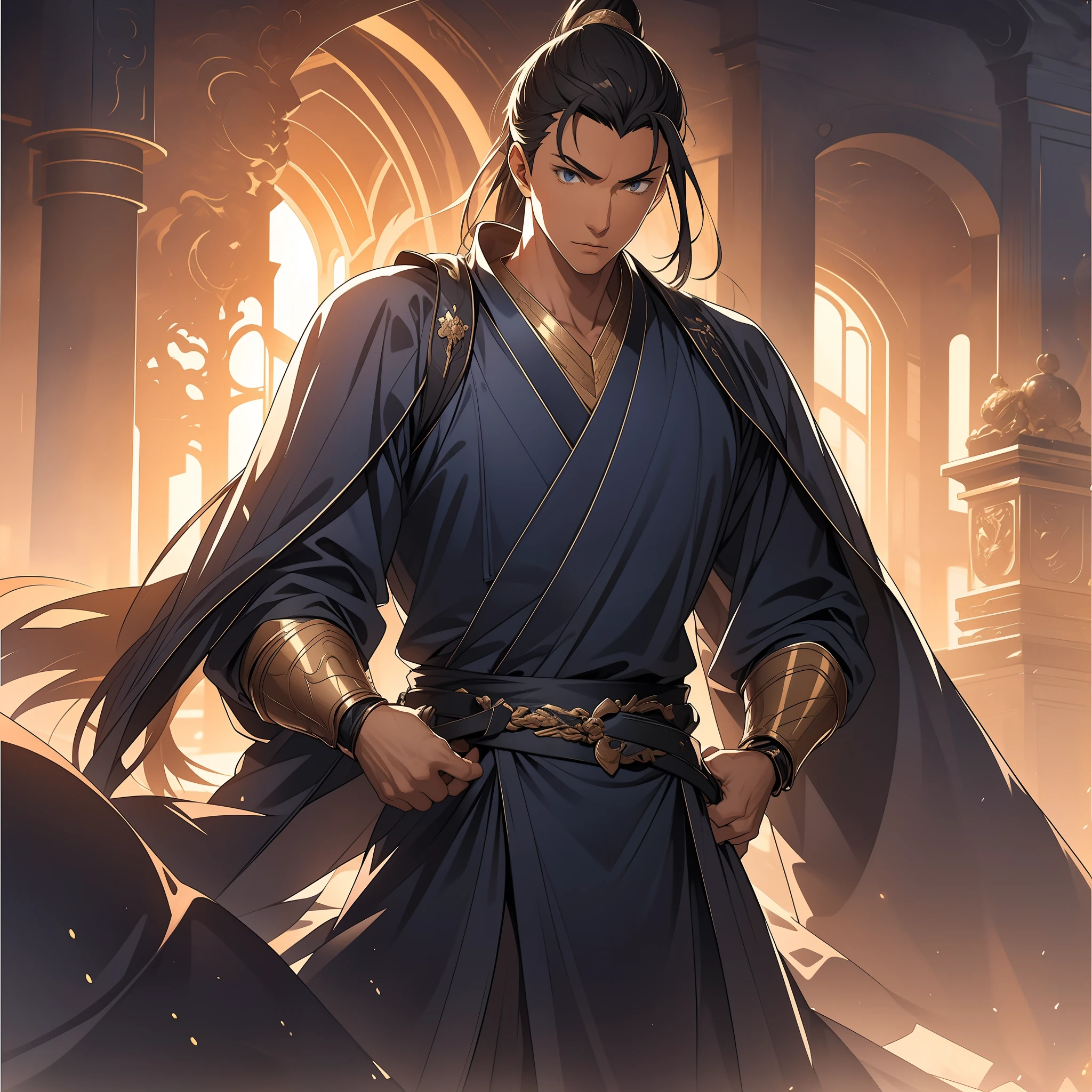 quadratic element,style of anime,mtu(Male Warrior),The proportions are correct,Face details,swordsmen,High ponytail hairstyle,Neck details,There is an Adam's apple,Blue suit,kaftan,long blue robes,clothes details,Handing over,longer sleeves,Game quality,Swordsmanship,Light and shadow tracking,Ray traching,detailed glow,cg render,hair detail,Black long hair,blue colored eyes,Handsome,Handsome,(juvenile sense),Clothing is complicated,Perfectcomposition,Refinement,high qulity,higher details,Lots of details,The background is complex,a sense of atmosphere,