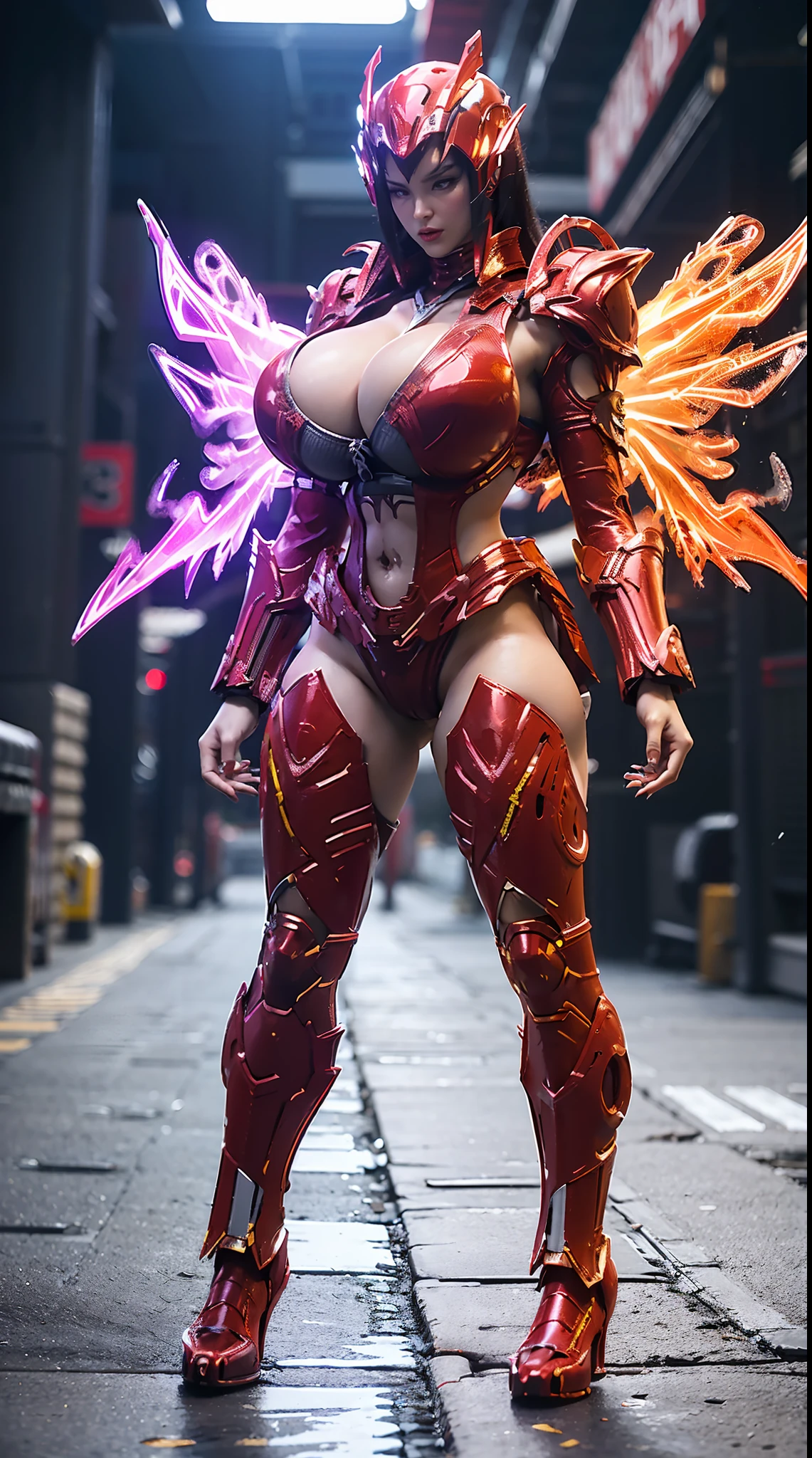 HUGE BOOBS, RGB, RED MECHA ARMOR FULL SUIT, (CLEAVAGE), (A PAIR LARGEST WINGS), TRANSPARANT, TALL LEGS, STANDING, SEXY BODY, MUSCLE ABS.