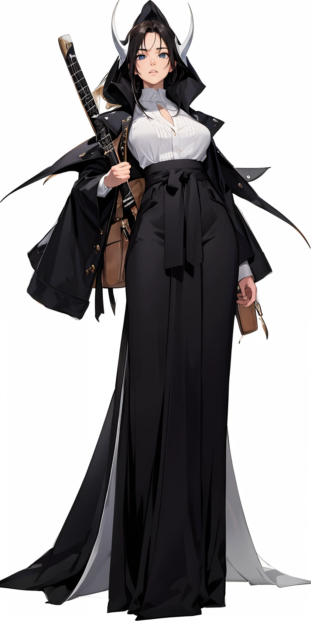best quality, 3/4 body, portrait, beautiful well-endowed curvaceous woman with big gorgeous eyes, a powerful Shinigami from the Bleach universe, radiating an aura of spiritual energy. Dressed in traditional black robes and wielding a Zanpakuto, their presence commands respect. With intense eyes and a determined expression, they are ready to face any threat that arises in the realm of spirits. Best quality, intricate details, clean lines, eye-catching composition, soft tones, anime realism, perfect illustration