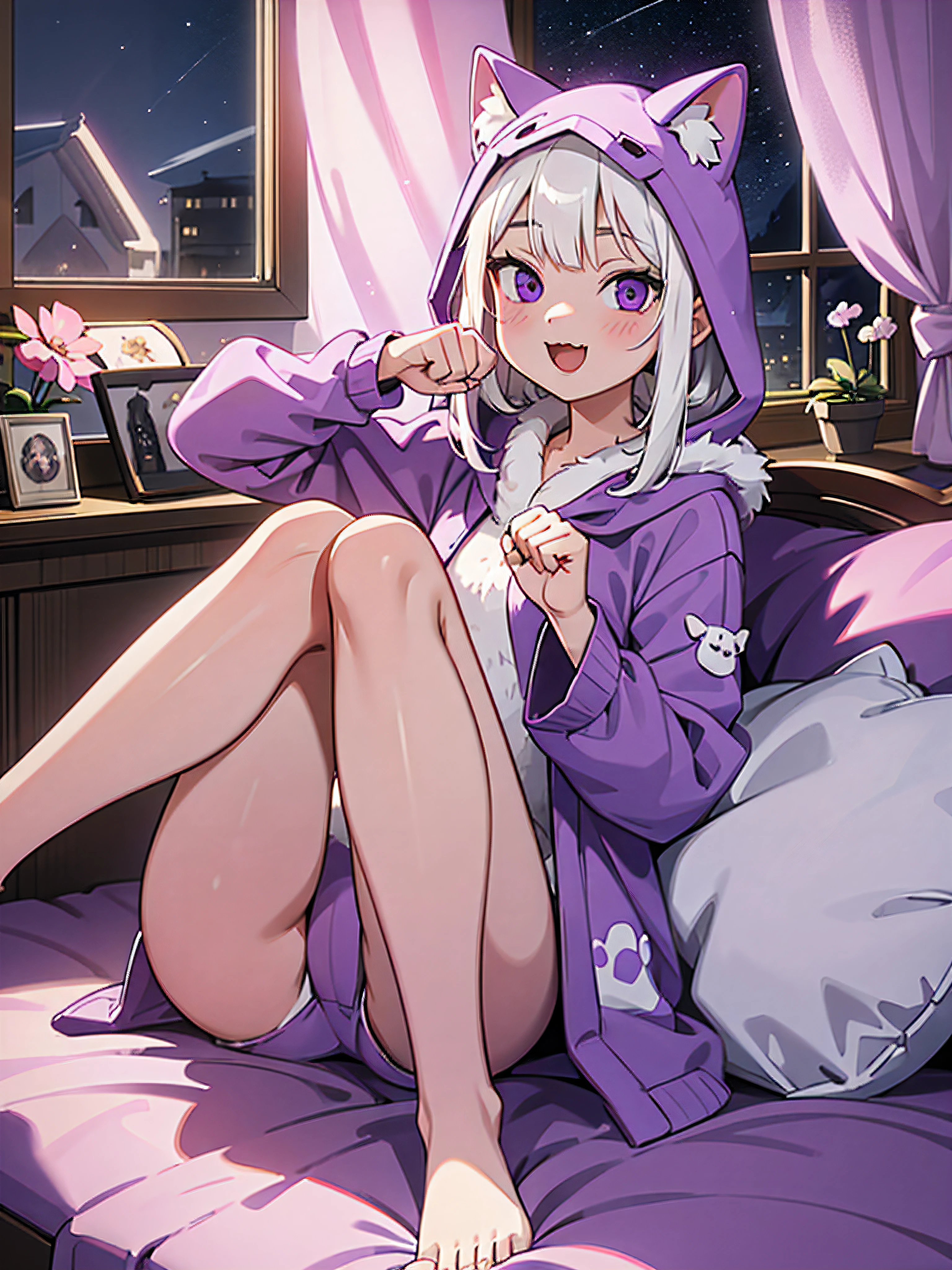 1girl, white hair, purple eyes, onesie, animal hood, animal print, whiskers, indoors, bedroom, stuffed animal, on bed, sitting, knees up, (paw pose:1.2), smile, (:3:1.1), open mouth, blush, window, (night sky:1.01), barefoot, soles,