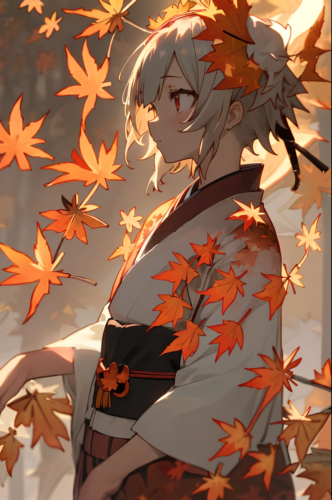 ((masutepiece,Best Quality)),1girl in, Short hairstyle with silver hair and bob, Hair tied in a bun with a hair clip, Pink eyes, Blurry background, branch, Dappled sunlight, flower, From Side, Hair Flower, Hair Ornament, komono, Kimono, fronds, (Maple leaf:1.9), Obi, Outdoors, sash, Solo, Sunlight, Upper body
