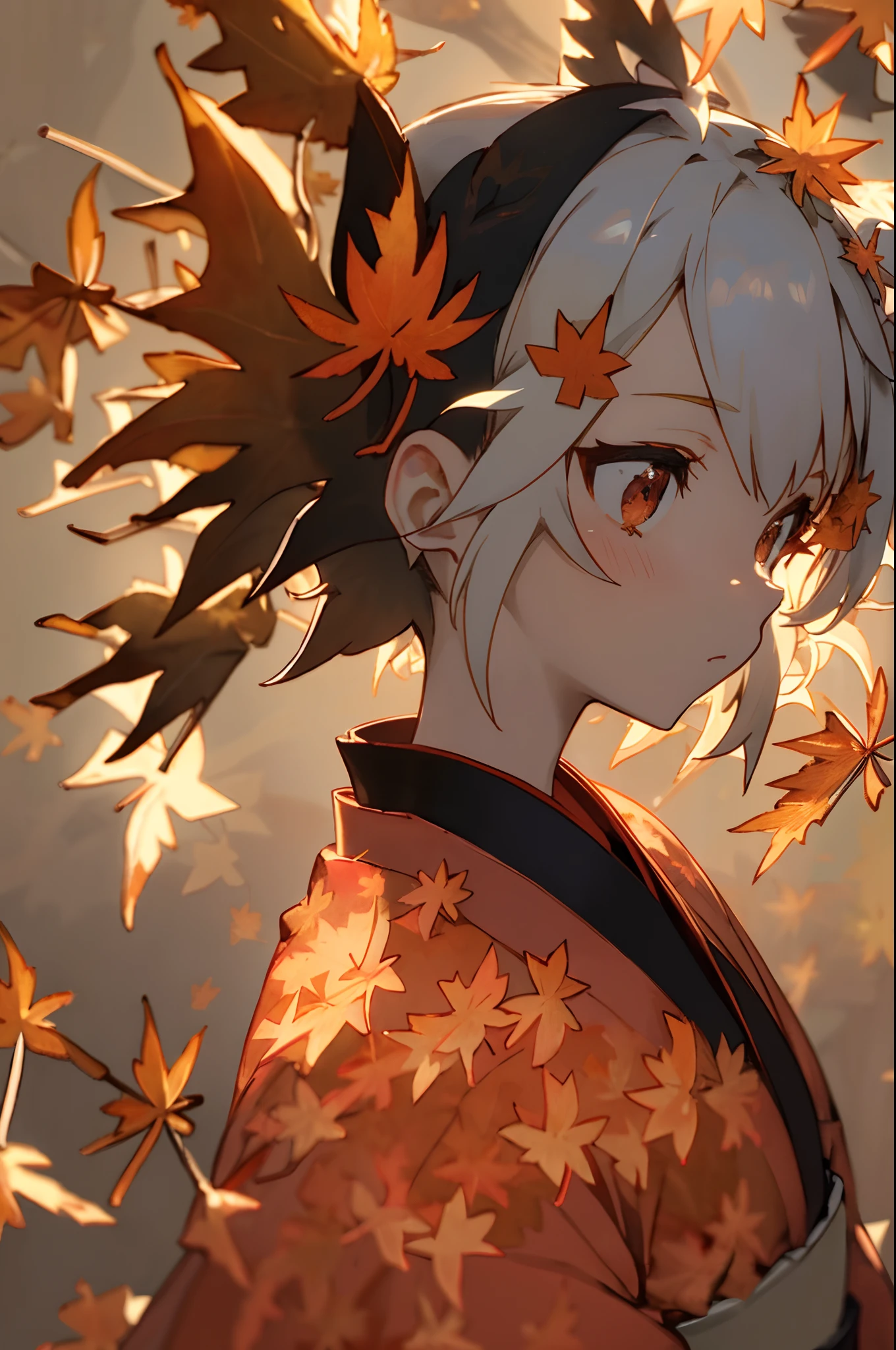 ((masutepiece,Best Quality)),1girl in, Short hairstyle with silver hair and bob, Hair tied in a bun with a hair clip, Pink eyes, Blurry background, branch, Dappled sunlight, flower, From Side, Hair Flower, Hair Ornament, komono, Kimono, fronds, (Maple leaf:1.9), Obi, Outdoors, sash, Solo, Sunlight, Upper body