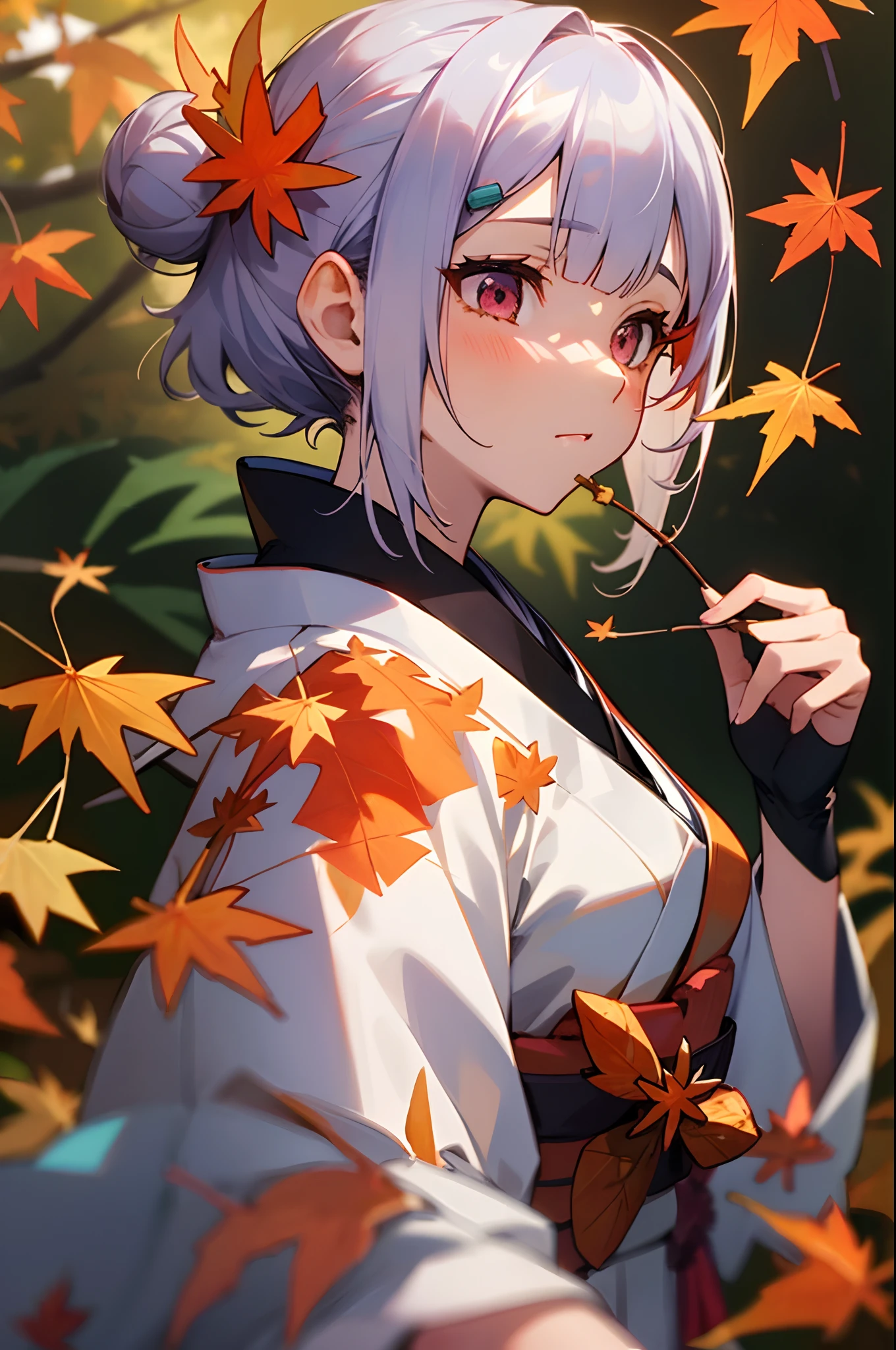 ((masutepiece,Best Quality)),1girl in, Short hairstyle with silver hair and bob, Hair tied in a bun with a hair clip, Pink eyes, Blurry background, branch, Dappled sunlight, flower, From Side, Hair Flower, Hair Ornament, komono, Kimono, fronds, (Maple leaf:1.9), Obi, Outdoors, sash, Solo, Sunlight, Upper body