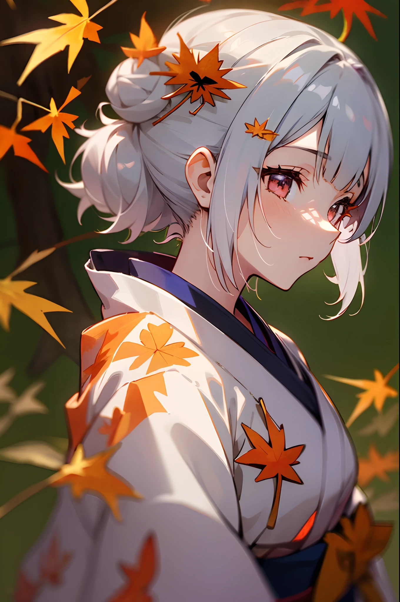 ((masutepiece,Best Quality)),1girl in, Short hairstyle with silver hair and bob, Hair tied in a bun with a hair clip, Pink eyes, Blurry background, branch, Dappled sunlight, flower, From Side, Hair Flower, Hair Ornament, komono, Kimono, fronds, (Maple leaf:1.9), Obi, Outdoors, sash, Solo, Sunlight, Upper body