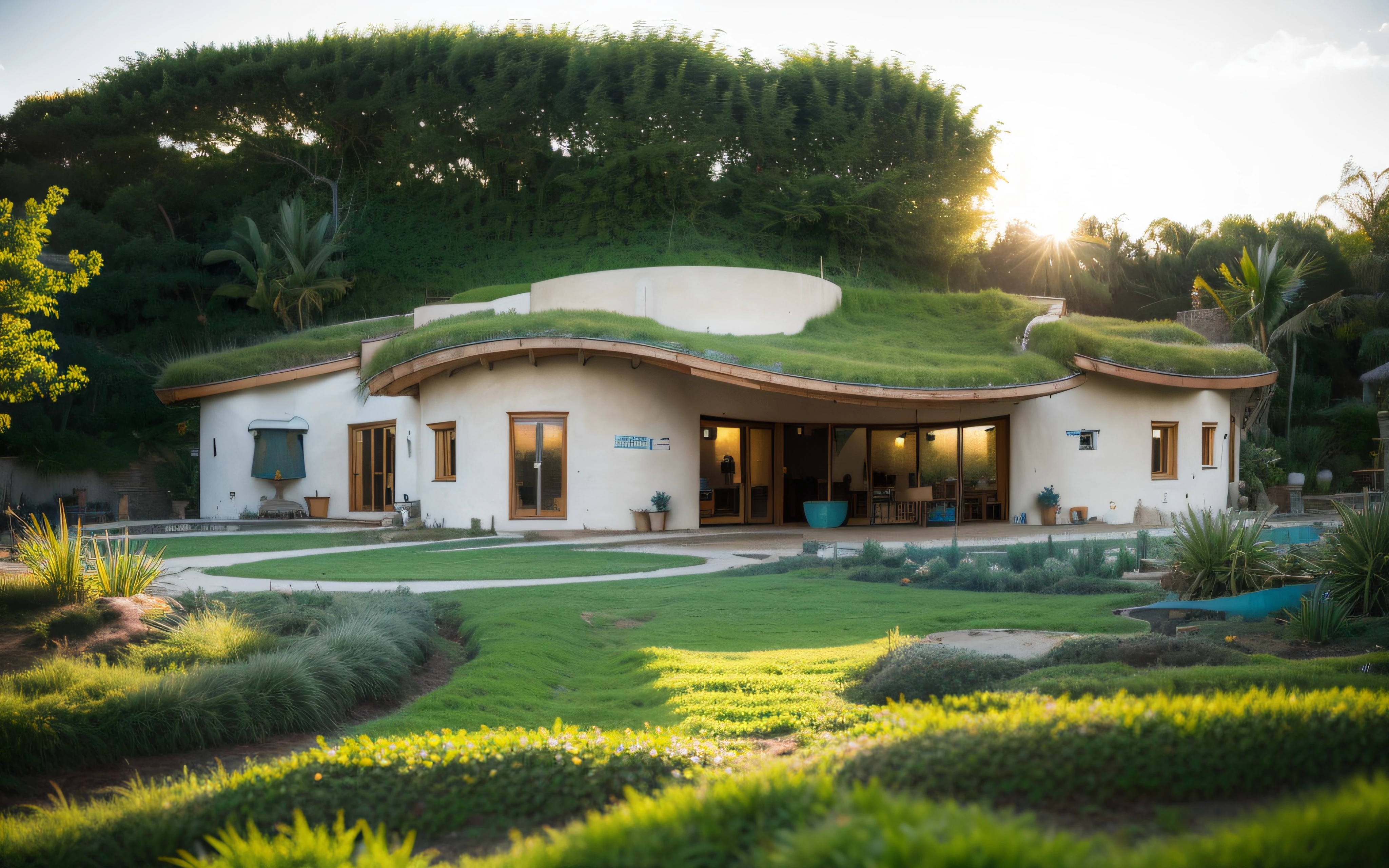 A photographyof a symetrical contemporary house with a organic curved angular rounded corners walls and (((greenroof))) with a (((biological pool))) in tropical backyard, white plaster (((rustic mud stucco))), (((wave shape greenroof with a wood edge))), (((wood and rake fascia roof))), eaves, porch with wooden pillar, ((timber frame roof)), in the bali (((tropical garden))), ((rounded corners walls)), ((rustic mud plaster)), (((curved organic rounded corners white walls))), (((rustic earth plaster, mud clay stucco))), natural houses. Organic Buildings, Organic Architecture, Ecovillage, Sustainable Architecture, Biobuilding, Solarpunk Architecture, (((Grass Roof, Green Roof, Green Wave Roof, Rounded Roof, vegetated roofs))), green architecture, Passive house, (((Rock Foundation))), clean sky in background, Interdimensional Villa, a painful beauty,  modern, imposing, organic architecture, green house, ((bali hadid style)), Super Resolution, cinematic, color grading, editorial photography, photography, Photo Shoot, (((front eye top angle view dramatic))), Spring 50mm, Depth of Field, Intricate Details, Natural Colors, Sharp Focus, Warm Light, Shutter Speed 1/1000, F/22, White Balance, Ray Trace Reflections, Lumen Reflections, Screen Space Reflections, Diffraction Classification, Chromatic Aberration, GB Offset, Partial Illumination, Backlight, Natural Illumination, Sweep Lines, Ambient Occlusion, Anti-Aliasing, Shaders, OpenGL-Shaders, GLSL-Shaders, Post Processing, Post Production, The Shading, Tone Mapping, Insanely detailed and intricate, hypermaximalist, elegant, hyperrealistic, super detailed, dynamic pose, Fujifilm XT3