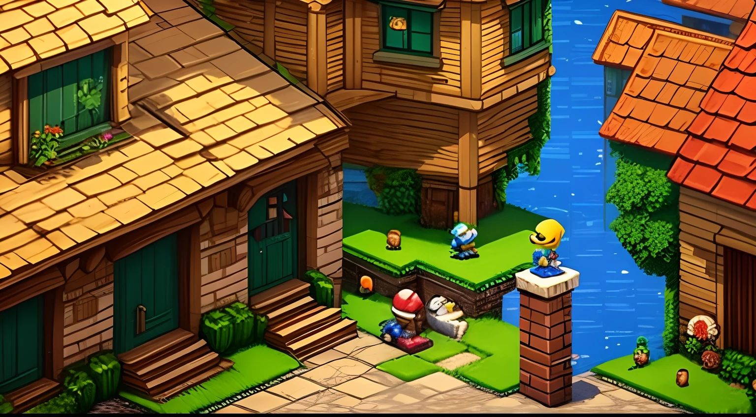 A platform game on a medieval village with some platforms and houses, sonic, Mario, contra, mega man, platform:2, pixelart,