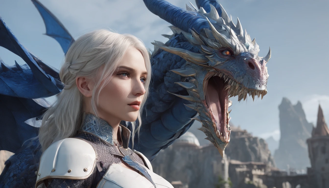 Cirilla Fiona Elen Riannon，Highest image quality，Outstanding details，超高分辨率，（Fidelity：1.4）, Favor the details，closeup cleavage，Ride a dragon，High-tech dragon knight mech，He has a delicate and beautiful face，（（Blue-white flying semi-mechanical fuselage：1.8）），Raised sexy，frontage，Cidade futuristica，mechanically aesthetic，Virtual Engine 5，Perfect detail rendering，rendering by octane，hyper HD