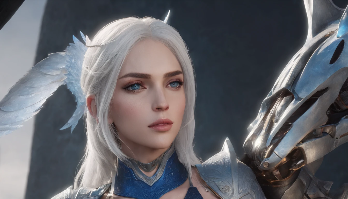 Cirilla Fiona Elen Riannon,Highest image quality,Outstanding details,超高分辨率,(Fidelity:1.4), Favor the details,closeup cleavage,Ride a dragon,High-tech dragon knight mech,He has a delicate and beautiful face,((Blue-white flying semi-mechanical fuselage:1.8)),Raised sexy,frontage,Cidade futuristica,mechanically aesthetic,Virtual Engine 5,Perfect detail rendering,rendering by octane,hyper HD