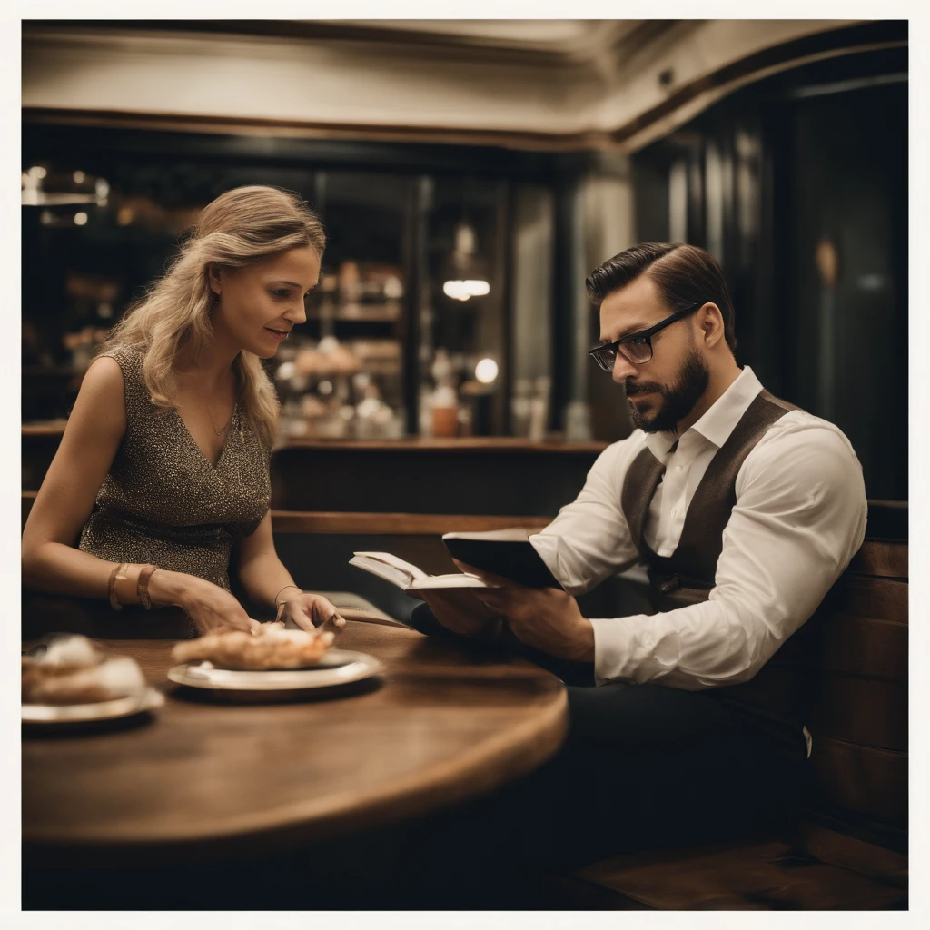 a man reading a book and a woman offering a snack