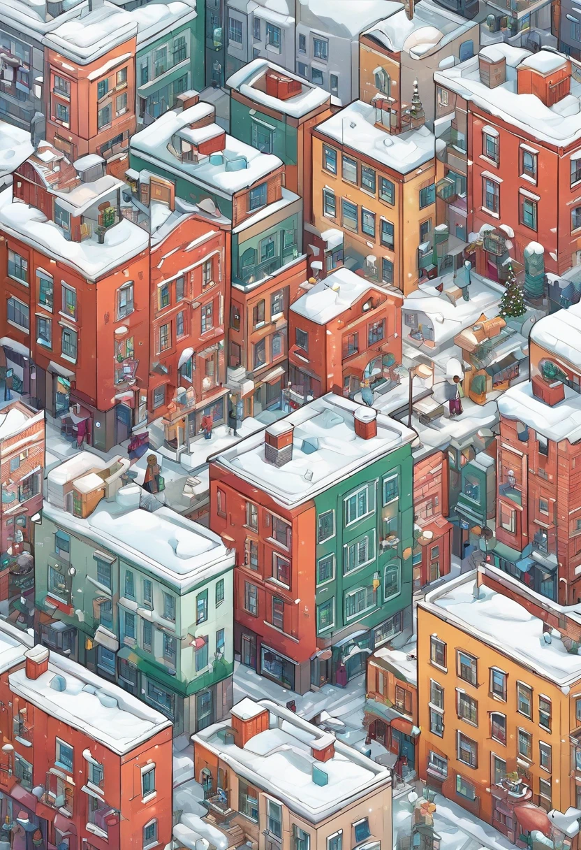 tenements with entourage, christmas theme. snow and snowmans